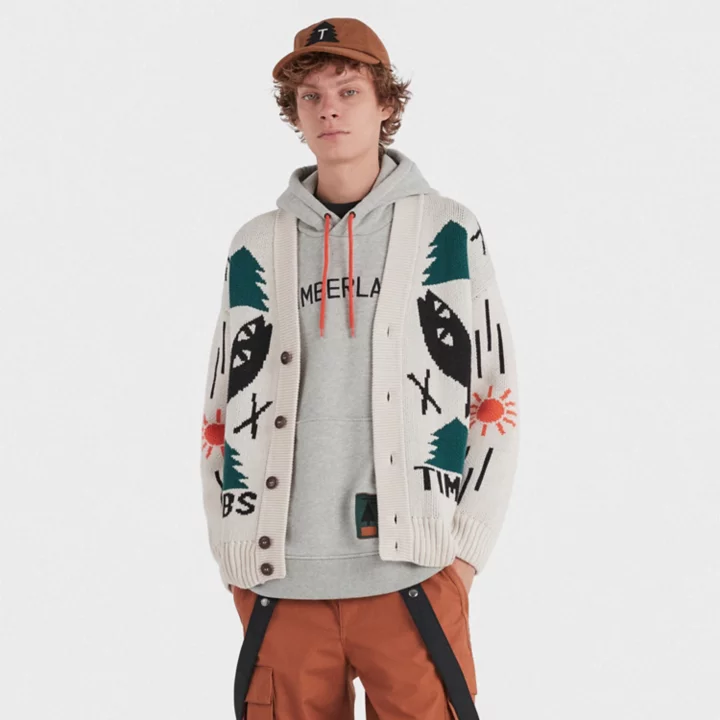 Timberland x Nina Chanel Abney Intarsia Cardigan in Beige