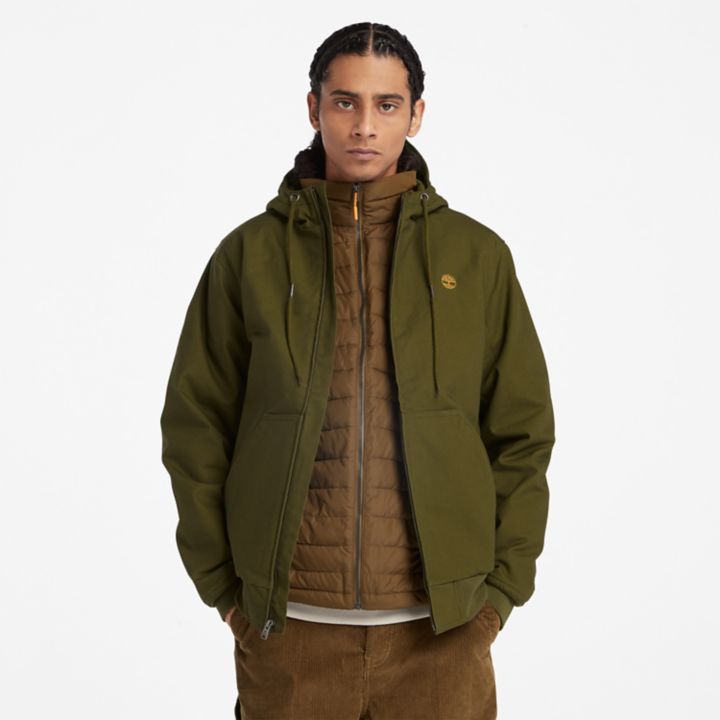 Insulated Canvas Hooded Bomber Jacket for Men in Green
