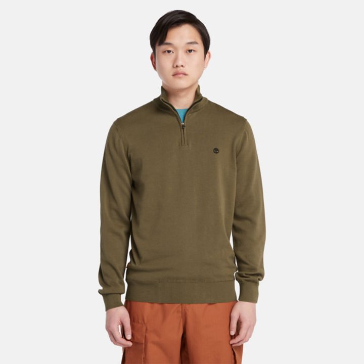 Williams River Quarter-Zip Cotton Jumper for Men in Dark Green