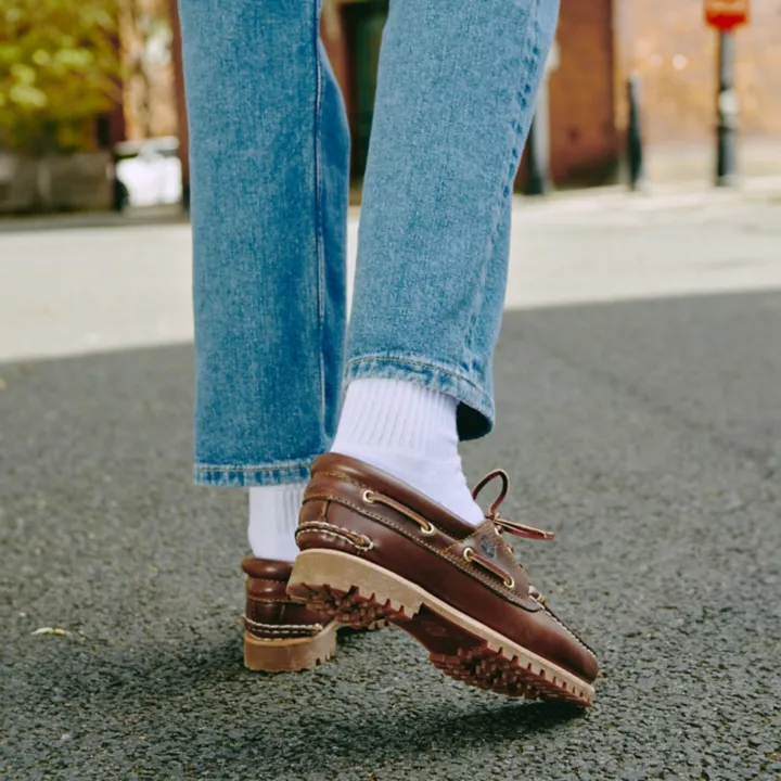 Noreen 3-Eye Lug Handsewn Boat Shoe for Women in Brown