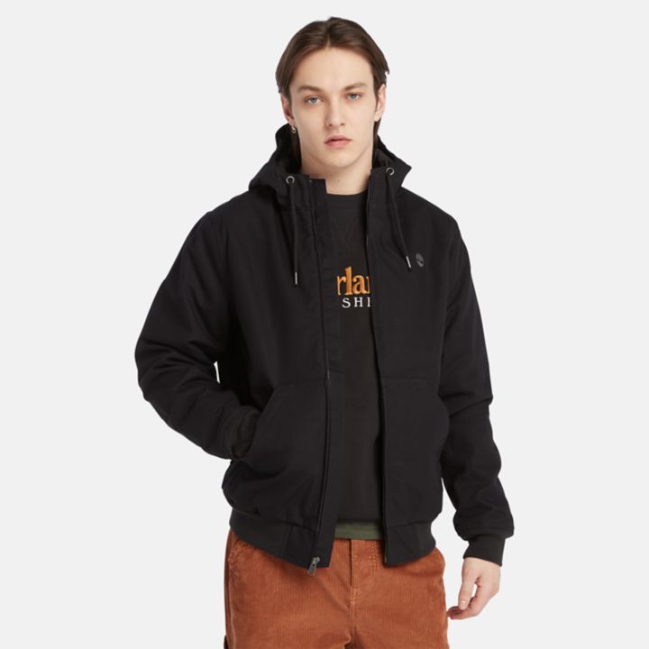 Insulated Canvas Hooded Bomber Jacket for Men in Black