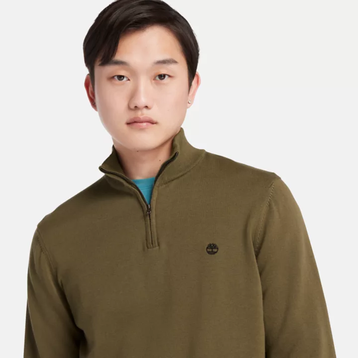 Williams River Quarter-Zip Cotton Jumper for Men in Dark Green