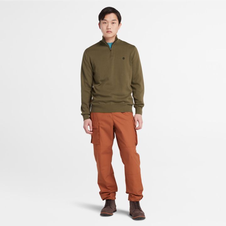 Williams River Quarter-Zip Cotton Jumper for Men in Dark Green