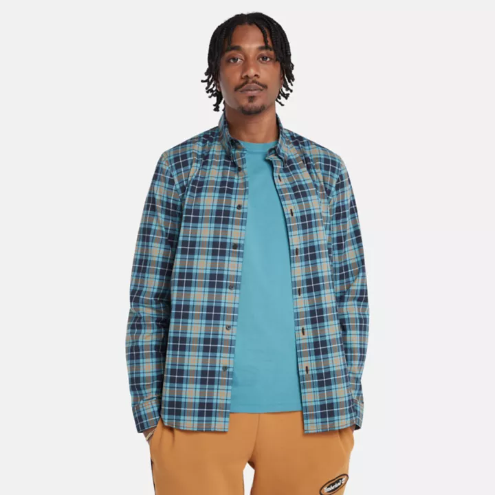 Stretch Poplin Tartan Shirt for Men in Blue