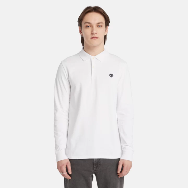 Millers River Long-Sleeve Pique Polo Shirt for Men in White