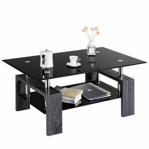 Costway Rectangular Tempered Glass Coffee Table with ShelfGray