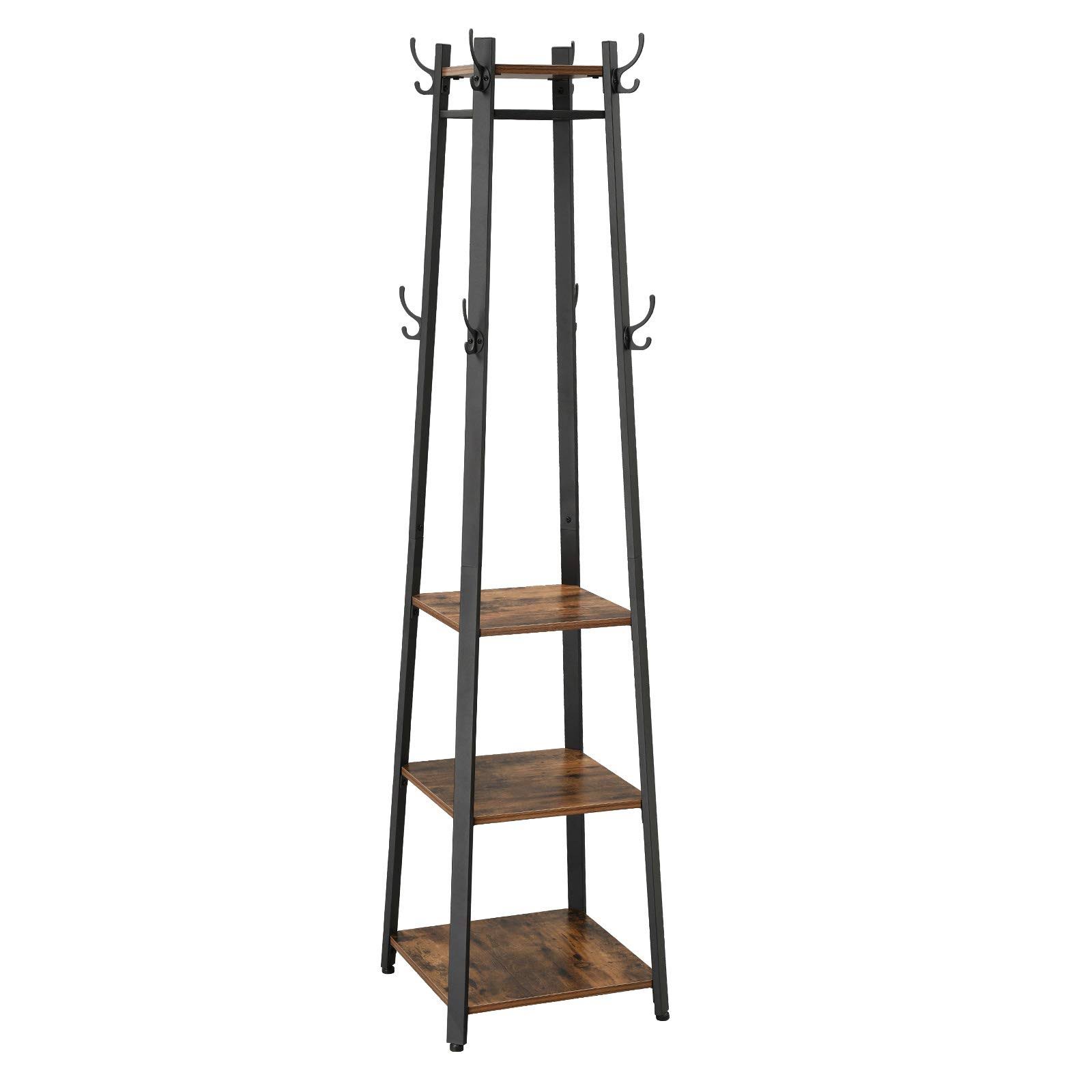 VASAGLE Industrial Coat Rack, Coat Stand with 3 Shelves, Ladder Shelf