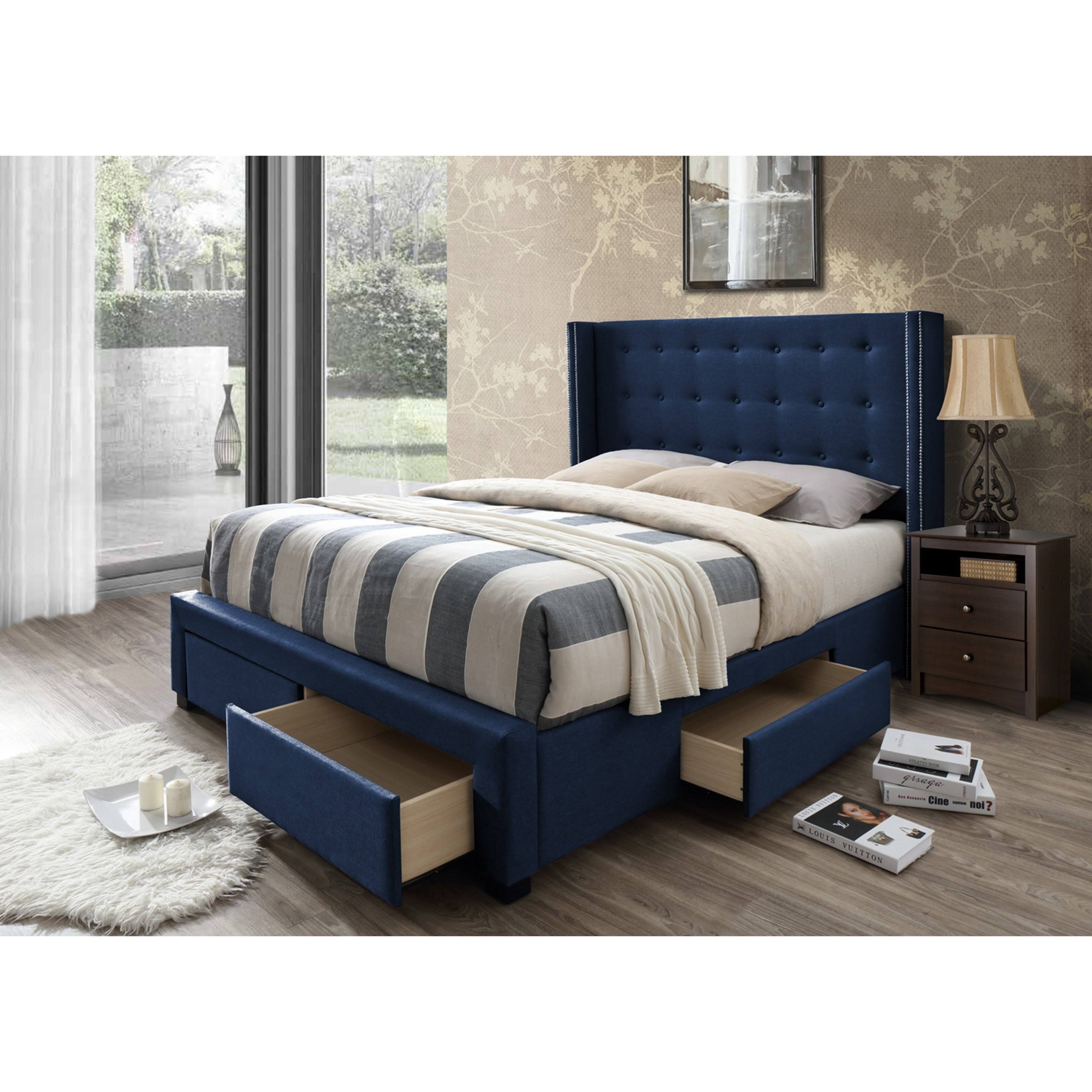 Savoy Upholstered Storage Wingback Bed Queen Blue Velvet