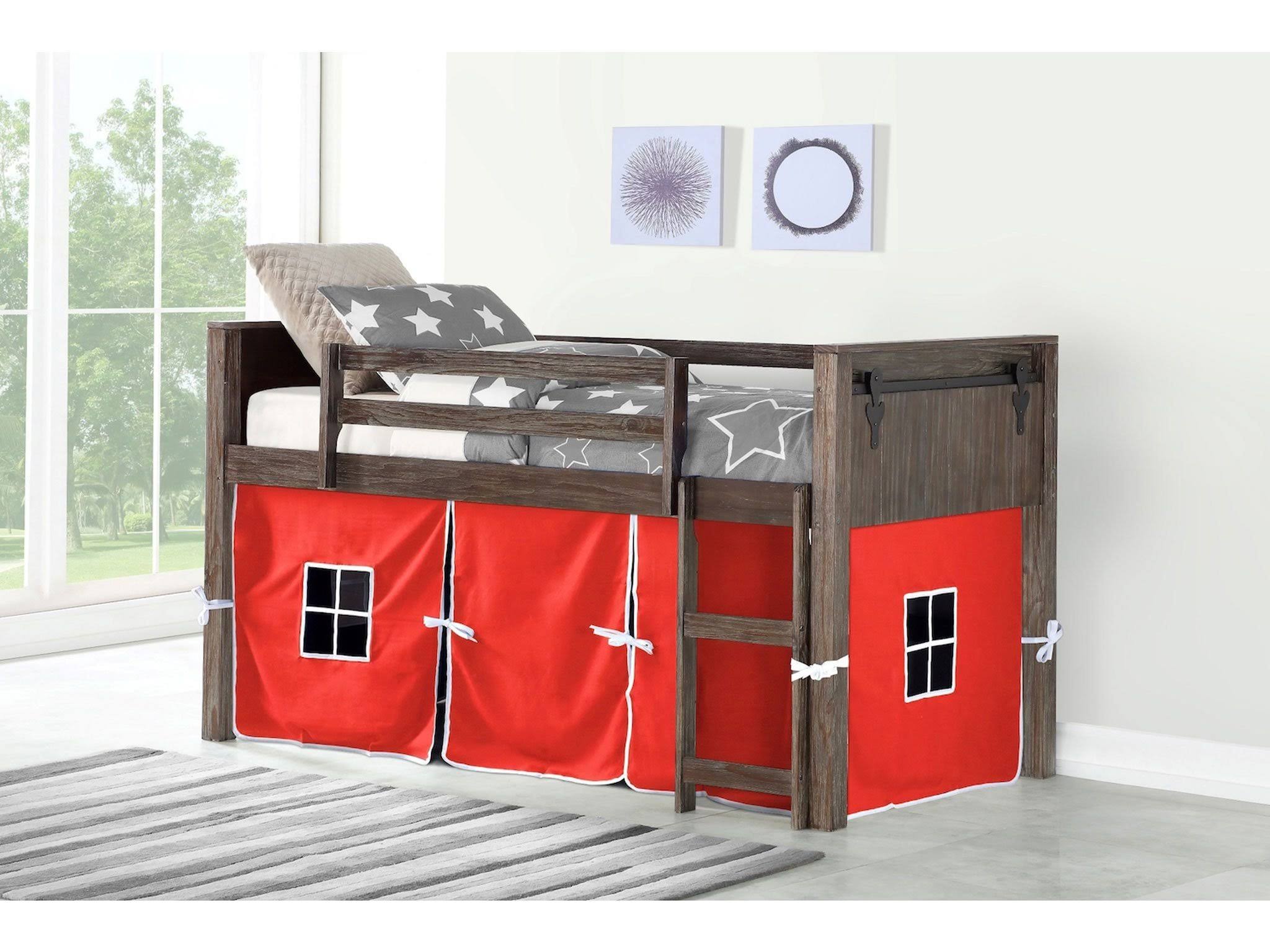 Donco 0318ATBS_750CTR Barn Door Low Loft Bed in Brushed Shadow w/Red