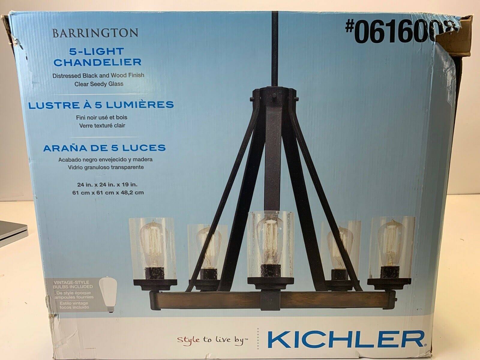 Kichler Barrington 5Light Distressed Black and Wood Tone Rustic Clear Glass Candle Chandelier