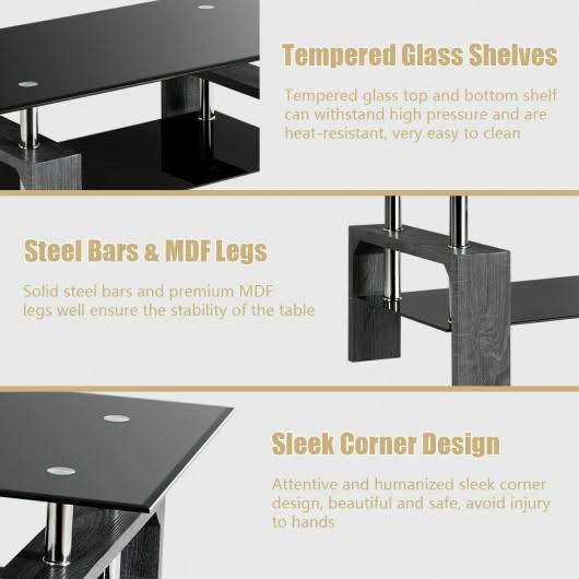 Costway Rectangular Tempered Glass Coffee Table with ShelfGray