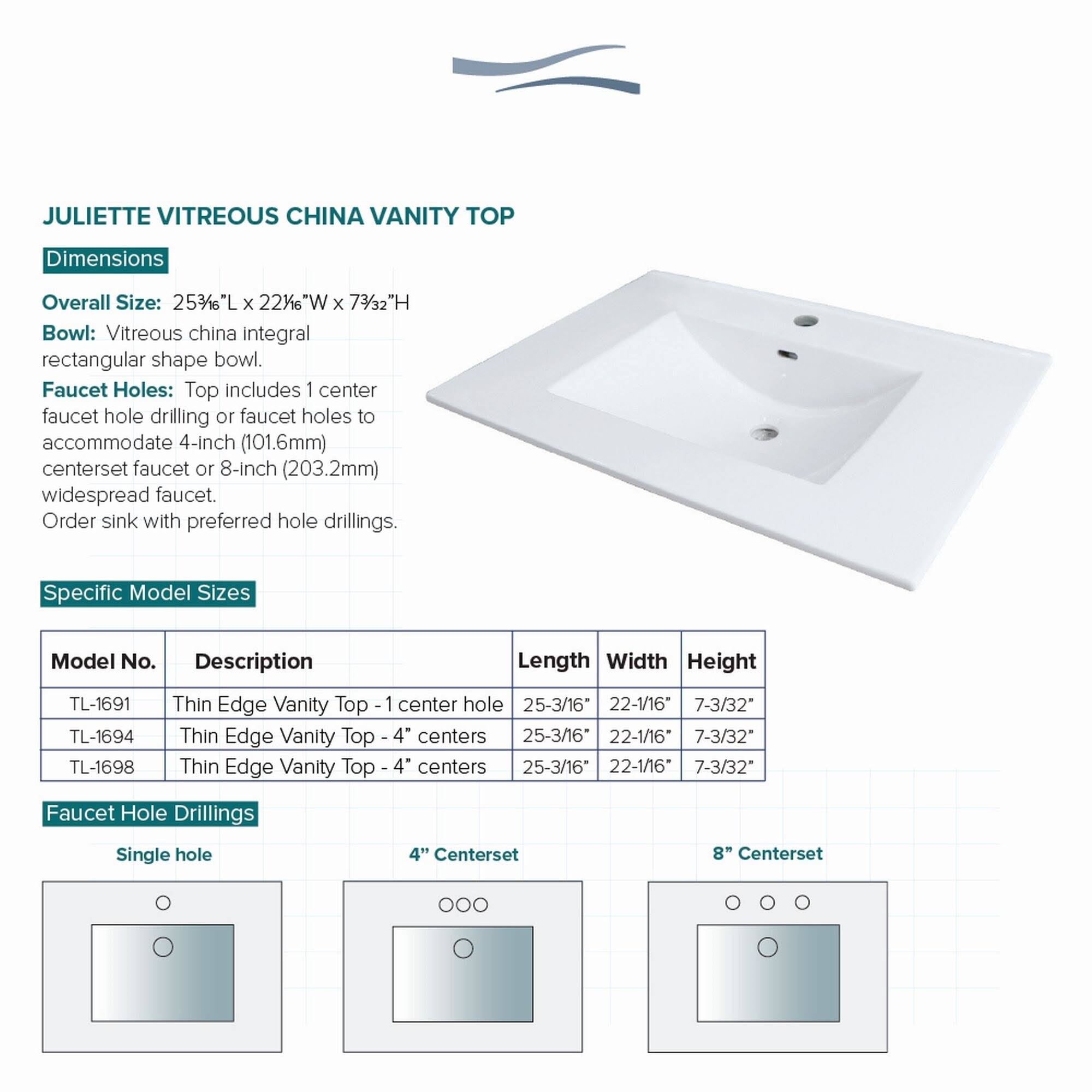 Transolid Tl169801 Juliette 25in Vitreous China Vanity Top with