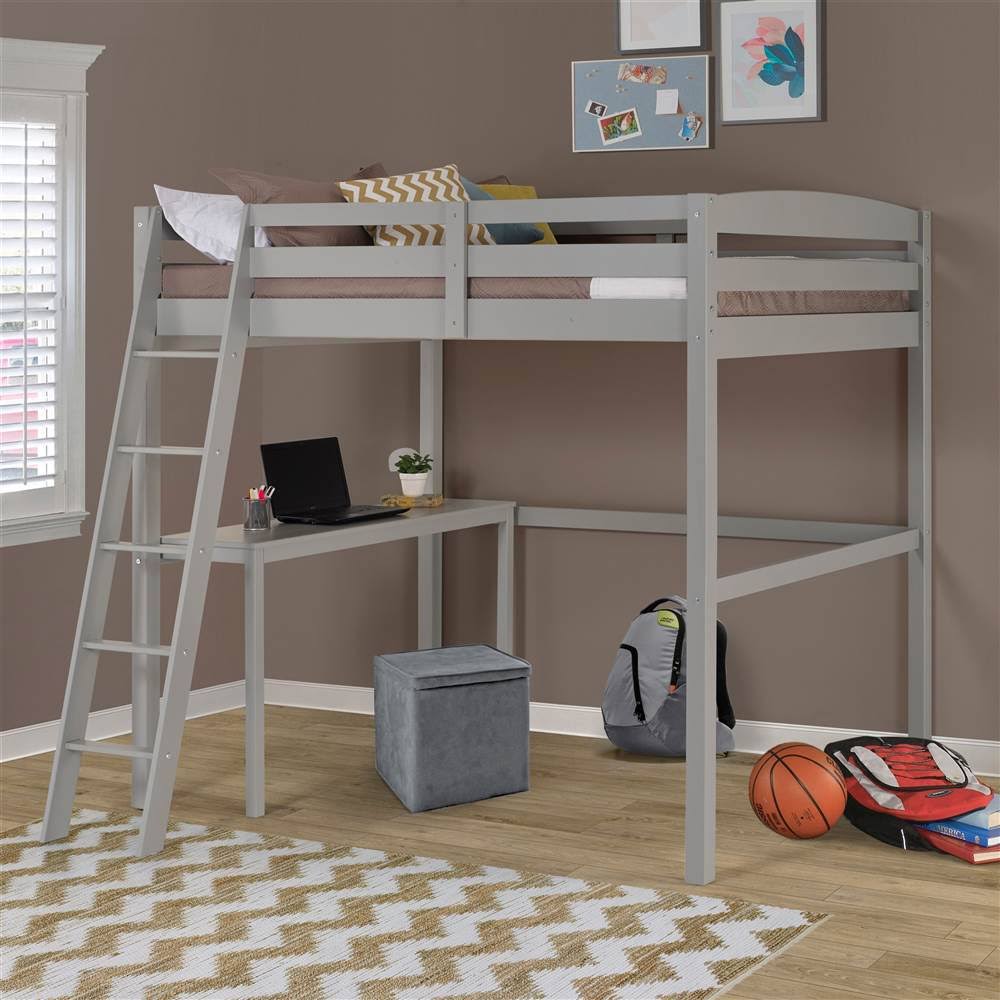 Concord Twin Size High Loft Bed with Desk Grey Finish Wellnestcares