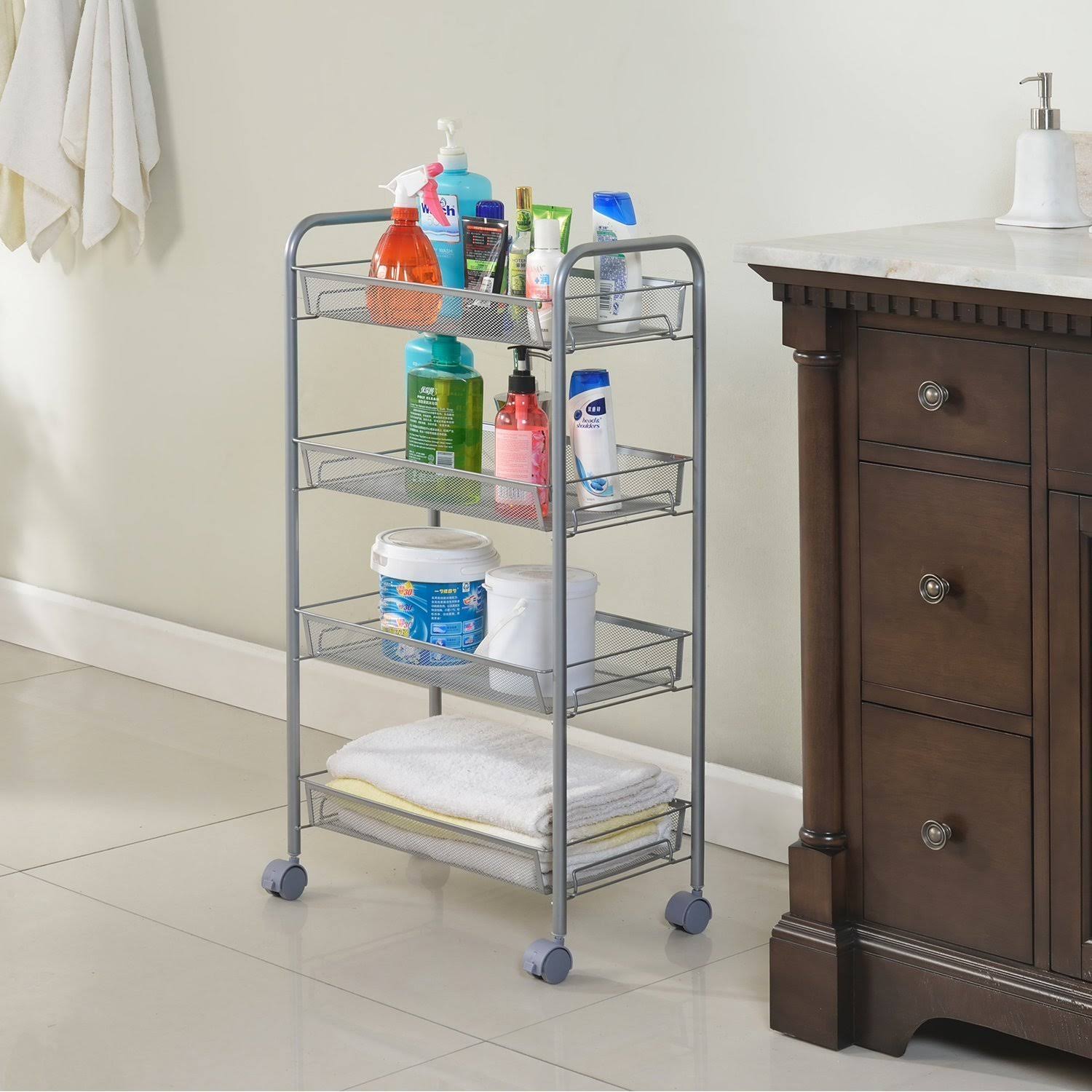 Homfa 4-Tier Mesh Wire Rolling Cart Multifunction Utility Cart Kitchen ...