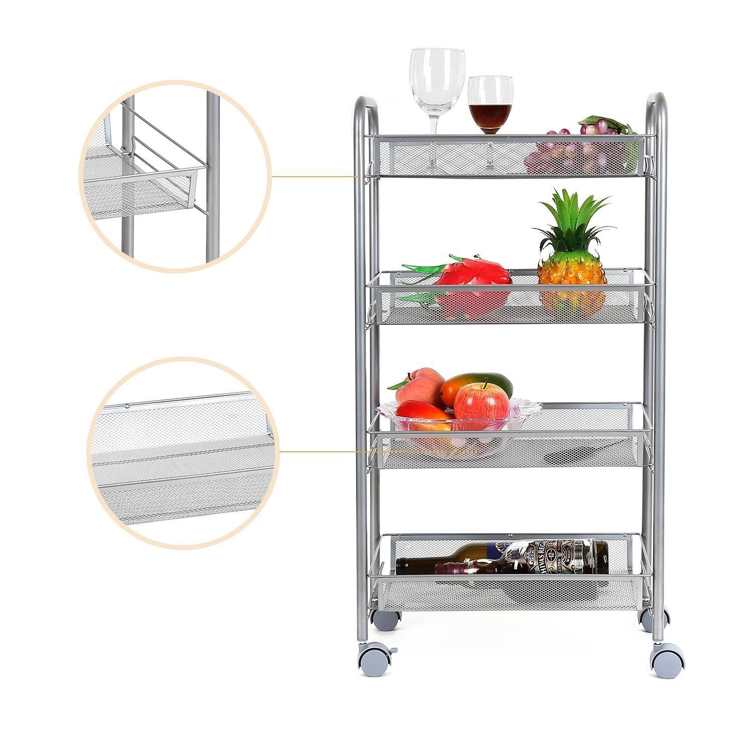 Homfa 4-Tier Mesh Wire Rolling Cart Multifunction Utility Cart Kitchen ...