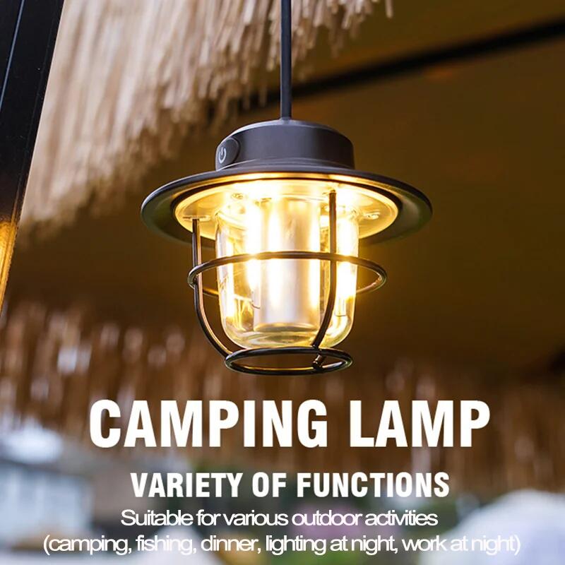LED Camping Lamp Stepless Dimming Camping Lights Retro Hanging Tent Lamp Waterproof Rechargeable Emergency Light Lantern