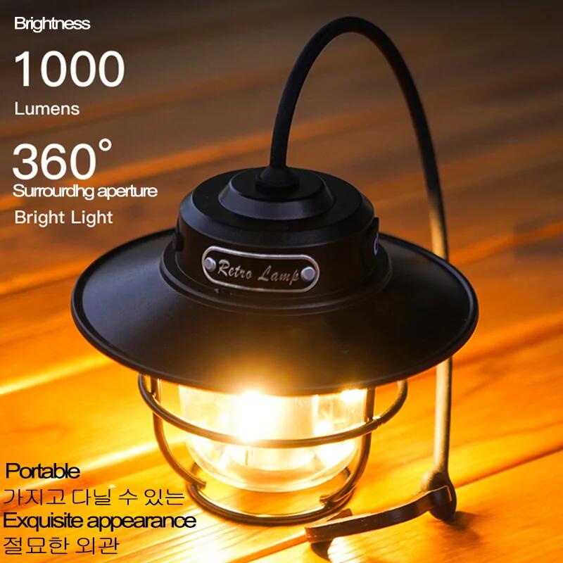 LED Camping Lamp Stepless Dimming Camping Lights Retro Hanging Tent Lamp Waterproof Rechargeable Emergency Light Lantern