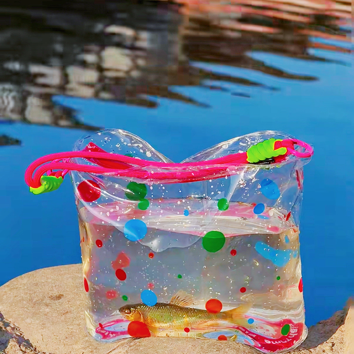 Polka dot transparent outdoor folding bucket, children's water bucket, fishing bucket, portable travel bucket