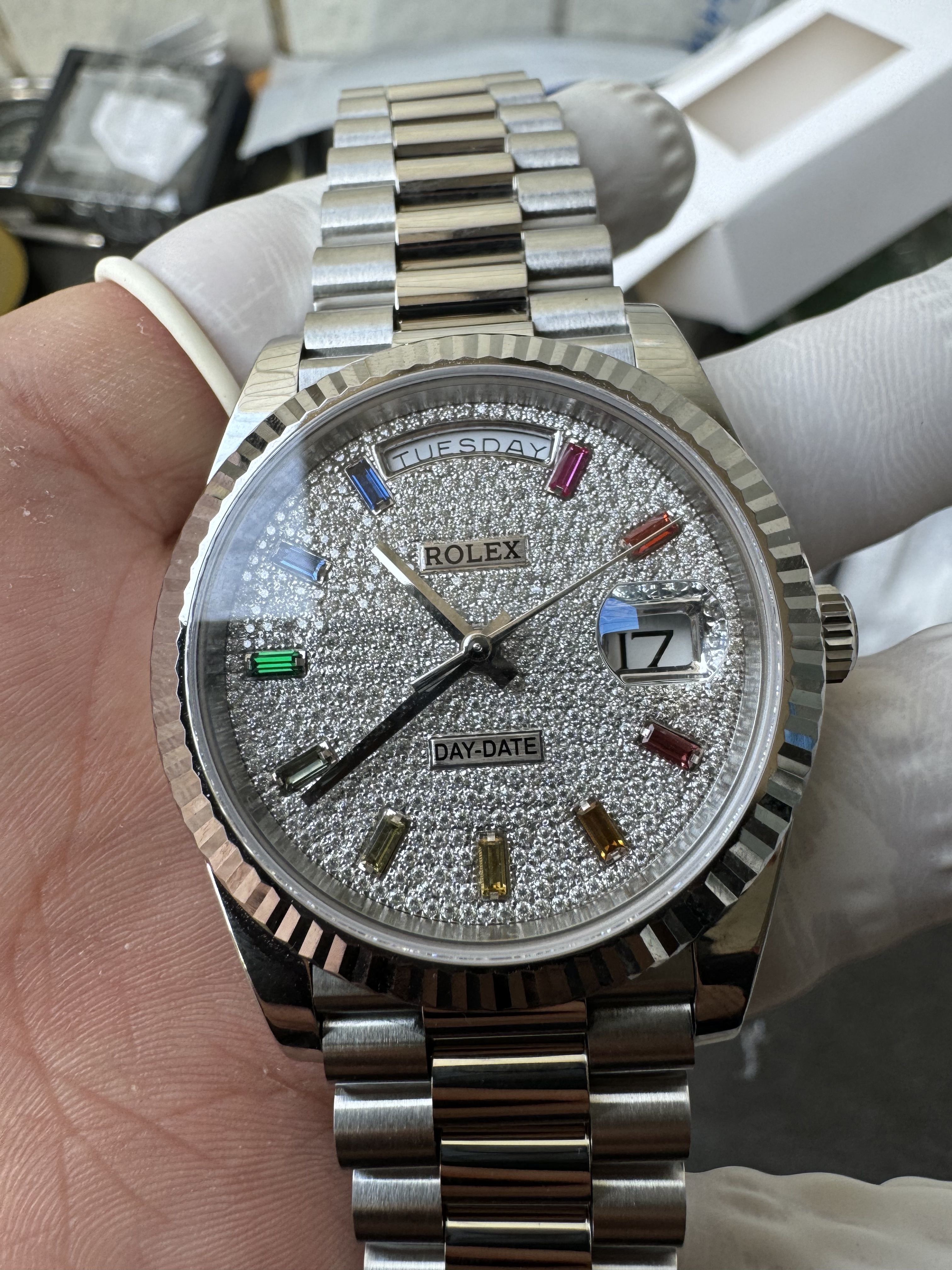 Super Clone Rolex 1:1 Day-Date 228239 Rainbow Markers Full Diamond Pave Dial Watch