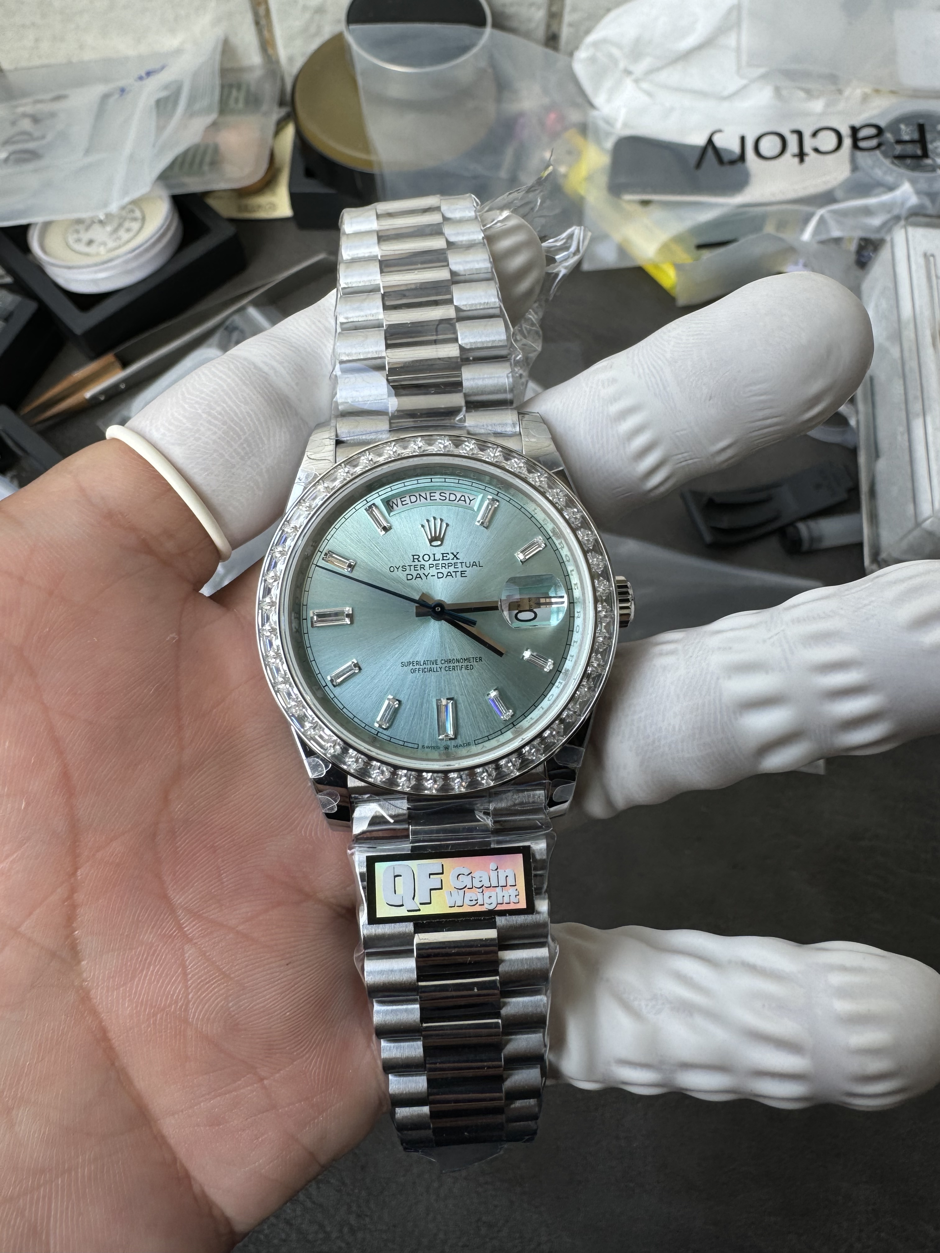 Super Clone Rolex 1:1 Day-Date 228206 Ice Blue Platinum Diamond Bezel Watch