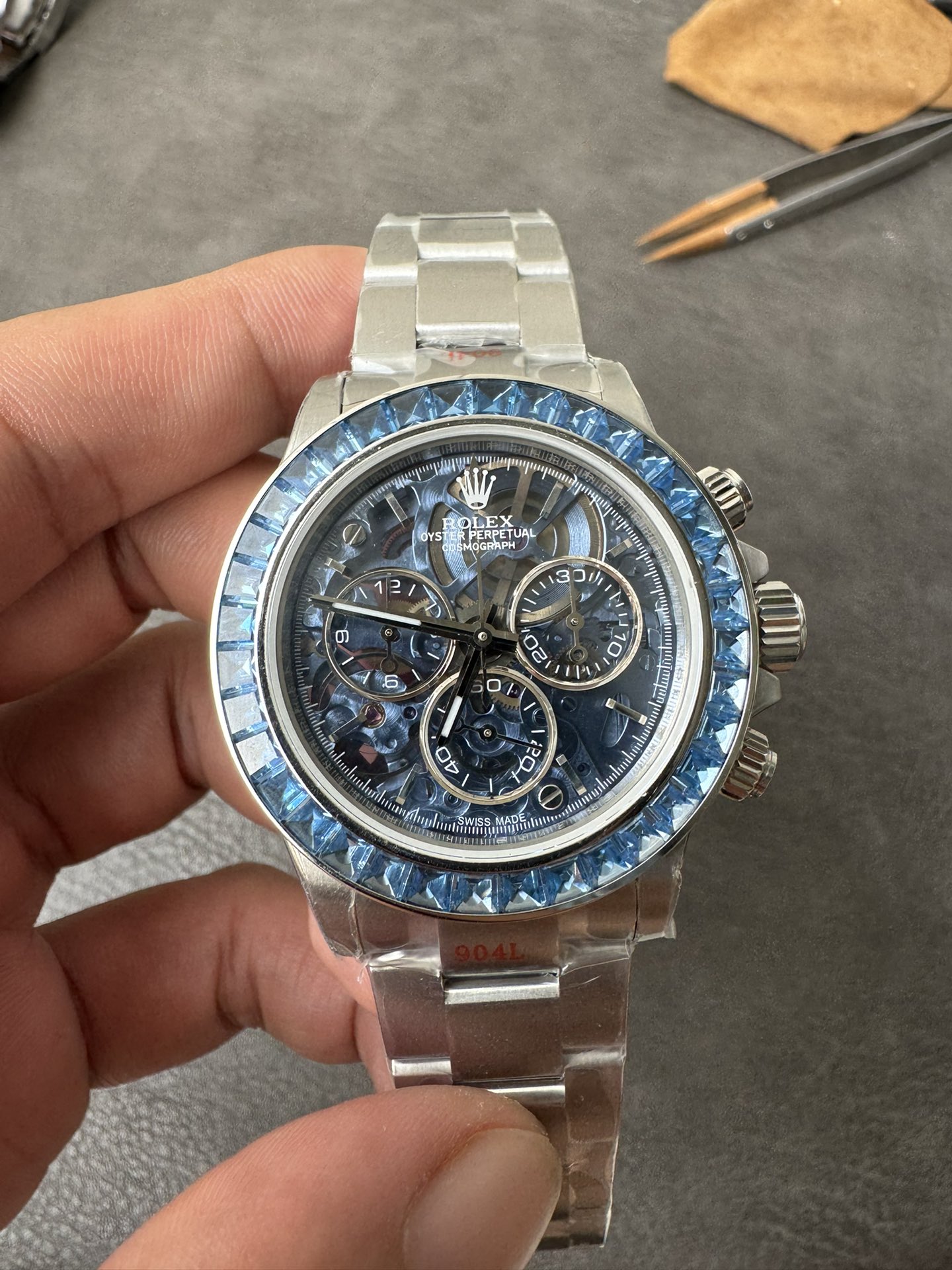 Super Clone Rolex 1:1 Daytona Skeleton Mod by Sonic | Blue Sapphire Bezel | 904L Steel | 4130 Movement
