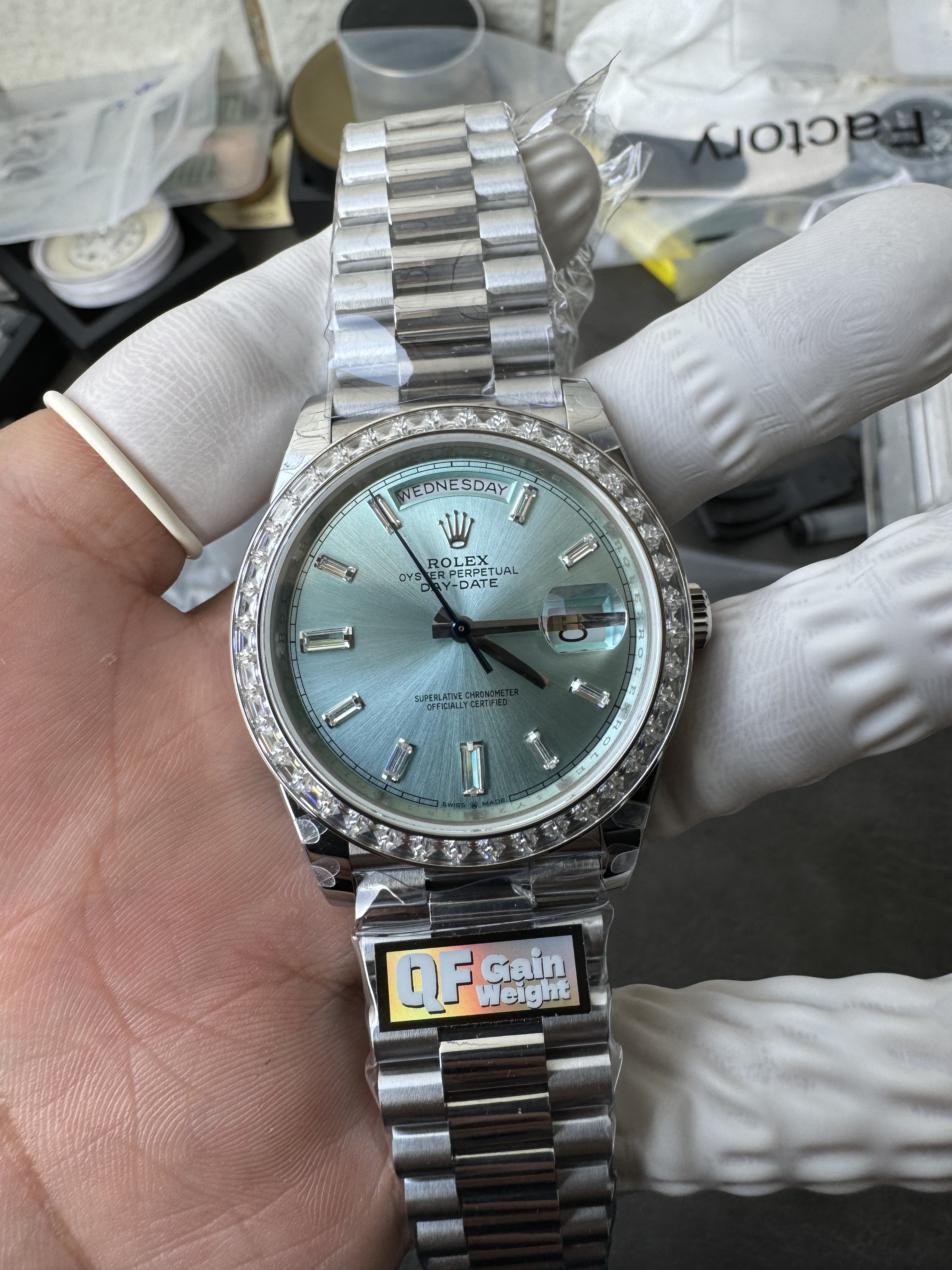 Super Clone Rolex 1:1 Day-Date 228206 Ice Blue Platinum Diamond Bezel Watch