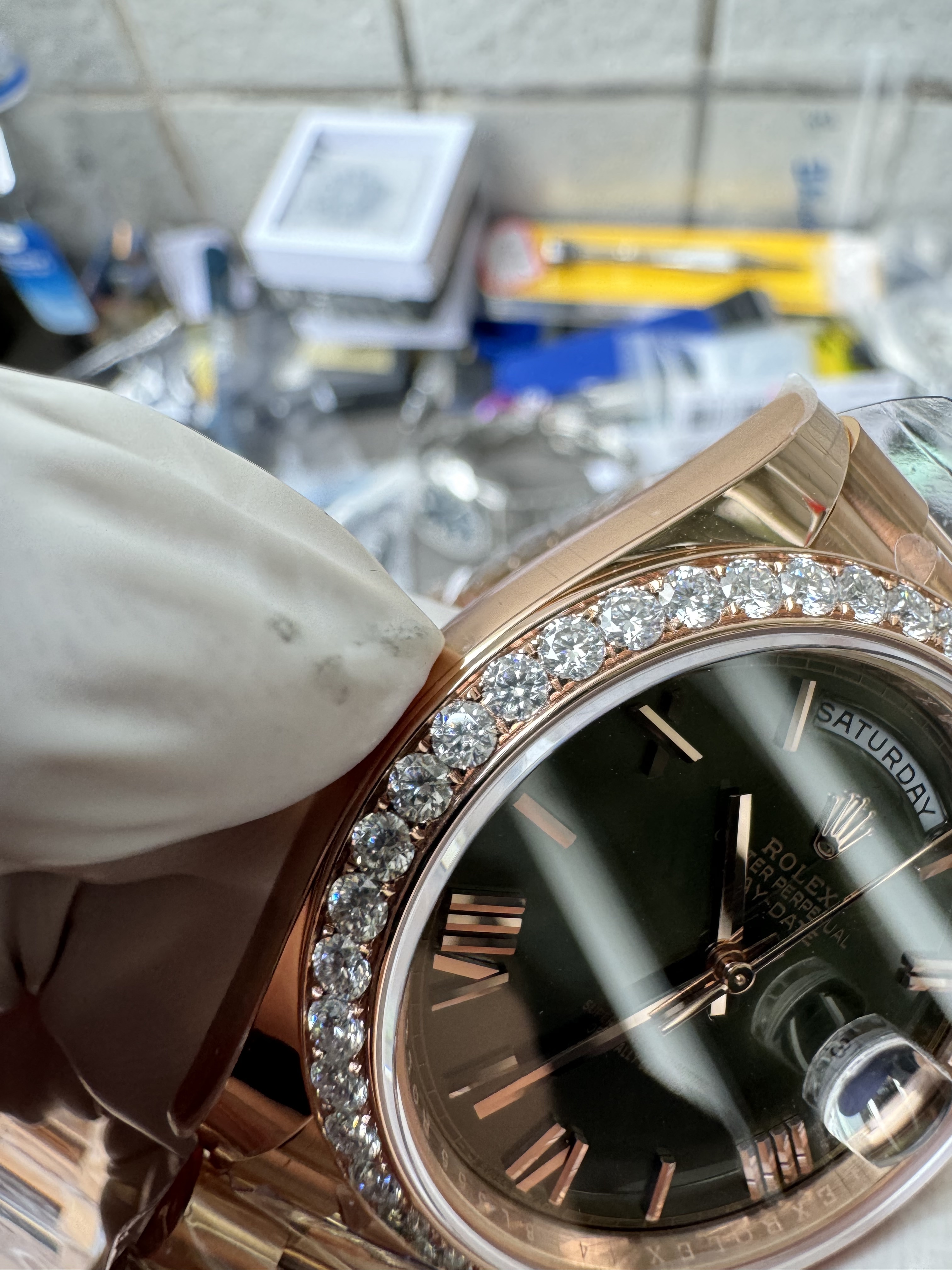 Super Clone Rolex 1:1 Day-Date 228235 Olive Green Dial Diamond Bezel President