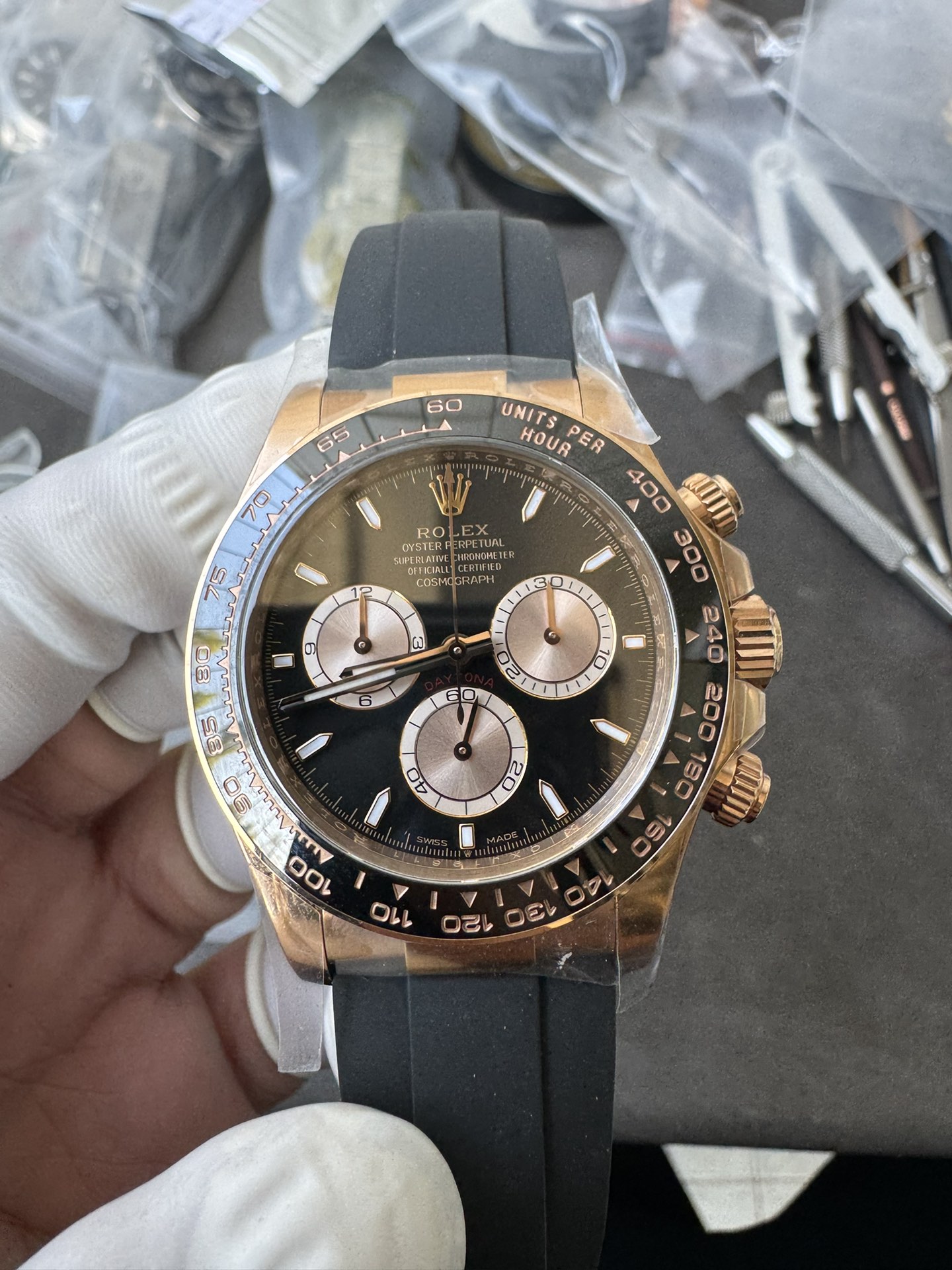 Super Clone Rolex 1:1 Daytona 116515LN Everose Gold Black Dial Ceramic Bezel on Oysterflex 4131 Movement