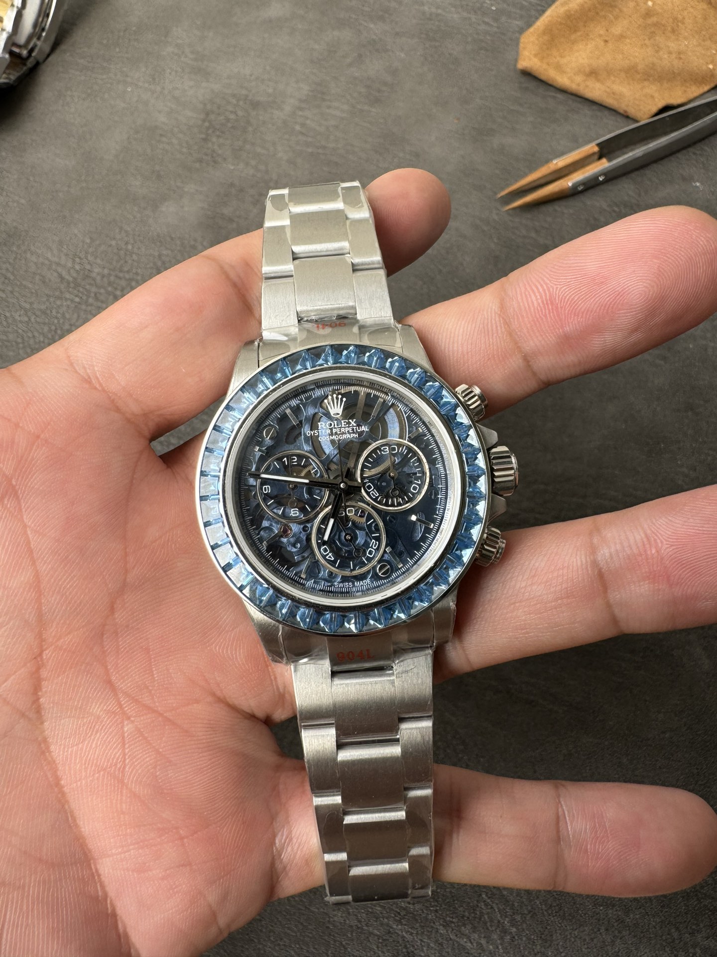 Super Clone Rolex 1:1 Daytona Skeleton Mod by Sonic | Blue Sapphire Bezel | 904L Steel | 4130 Movement