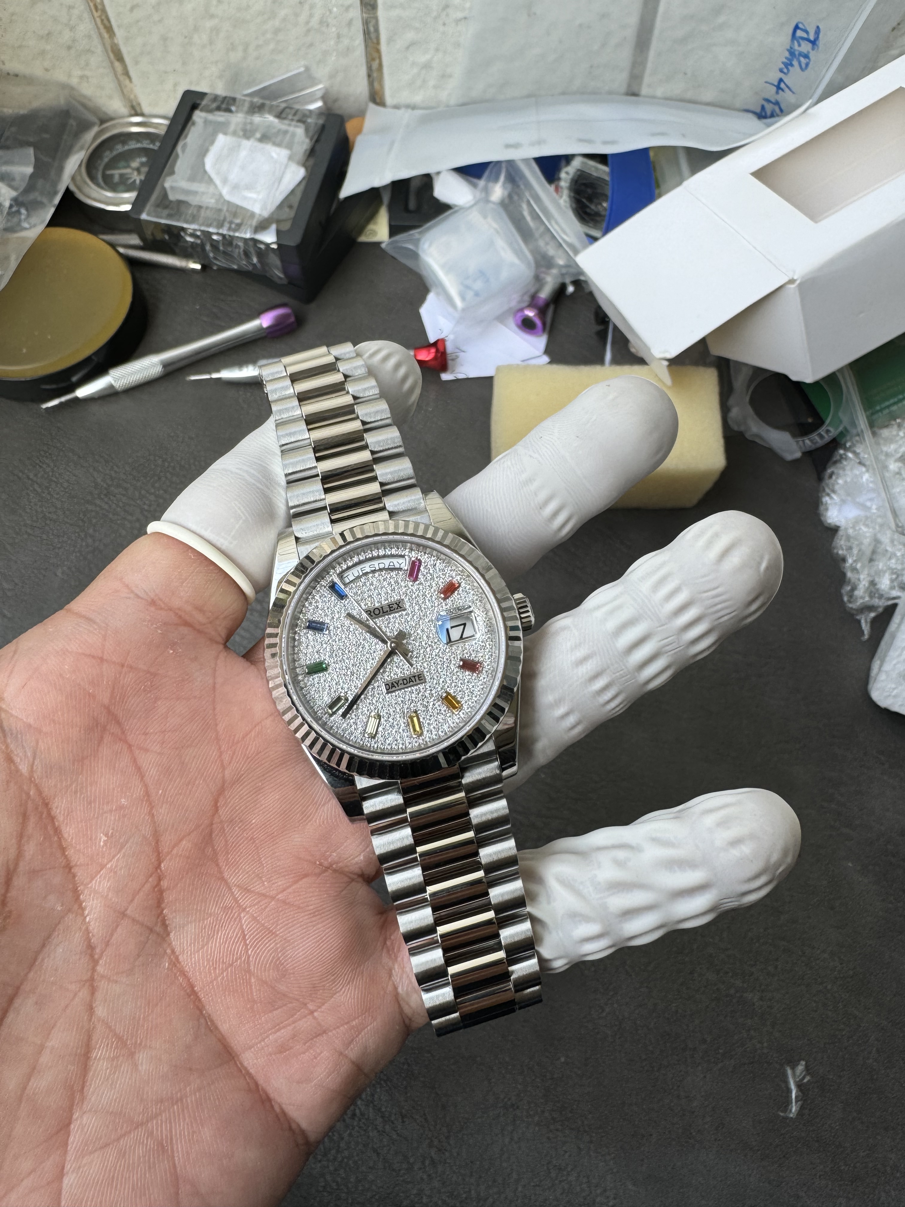Super Clone Rolex 1:1 Day-Date 228239 Rainbow Markers Full Diamond Pave Dial Watch