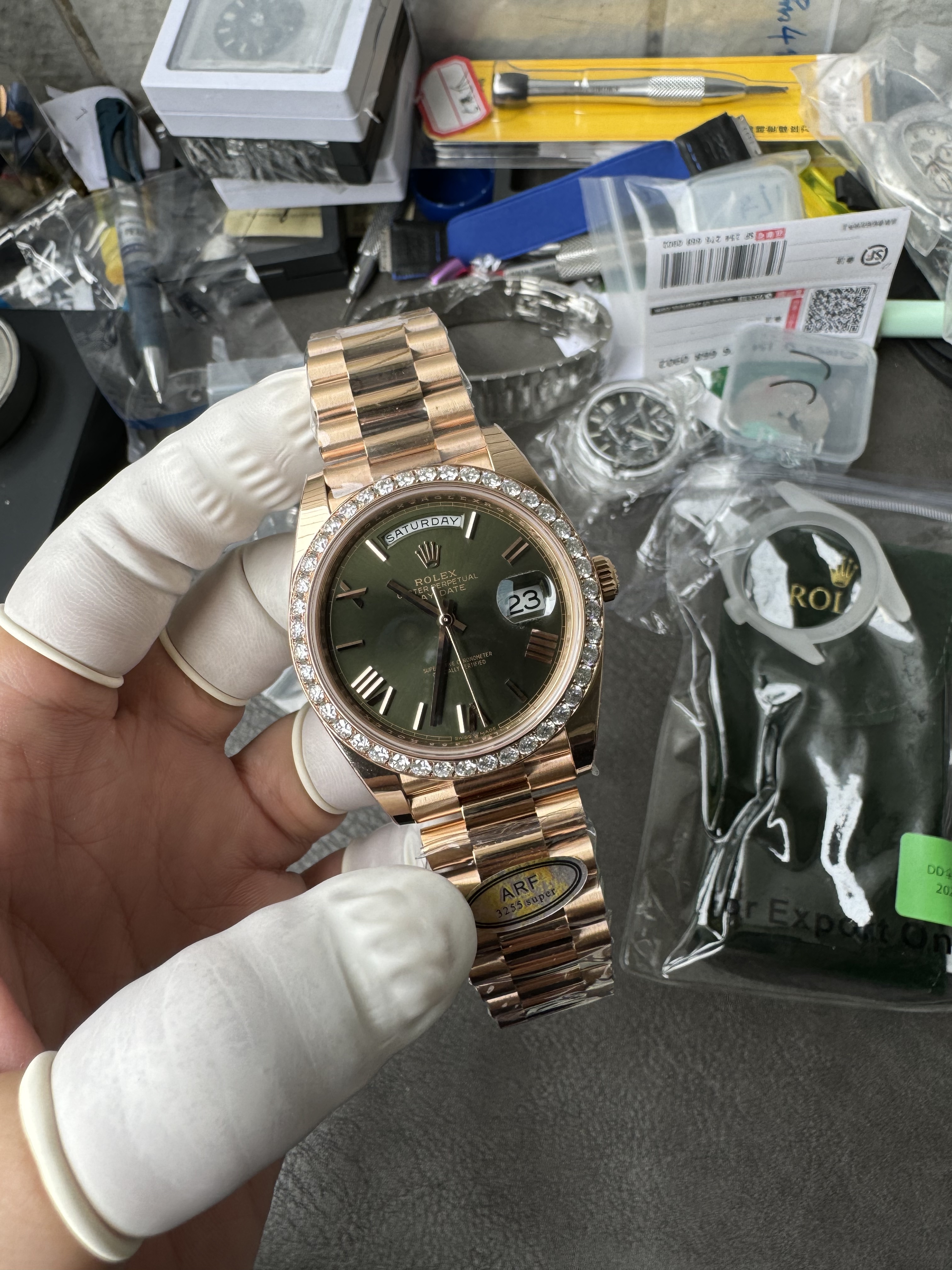 Super Clone Rolex 1:1 Day-Date 228235 Olive Green Dial Diamond Bezel President
