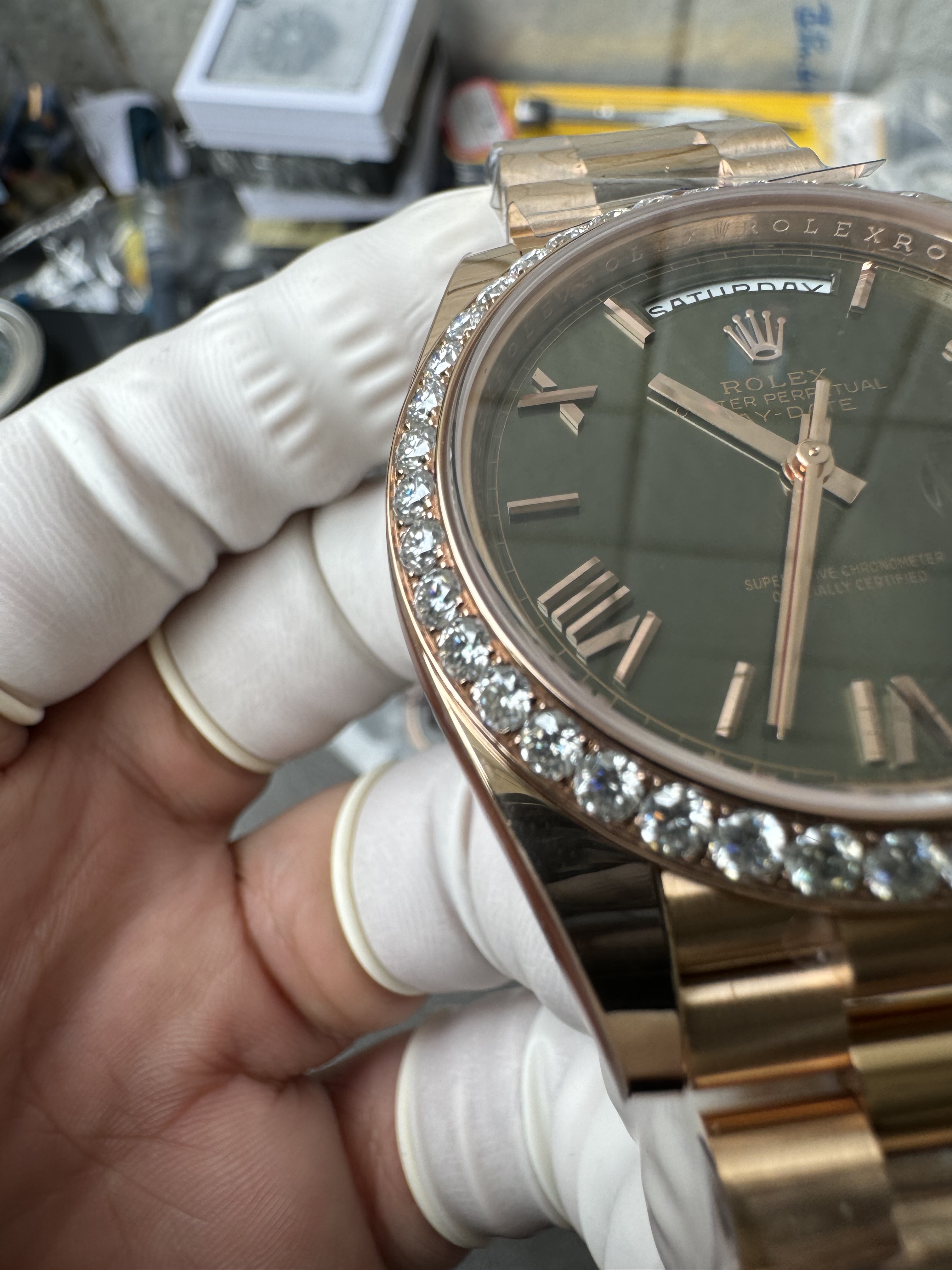 Super Clone Rolex 1:1 Day-Date 228235 Olive Green Dial Diamond Bezel President