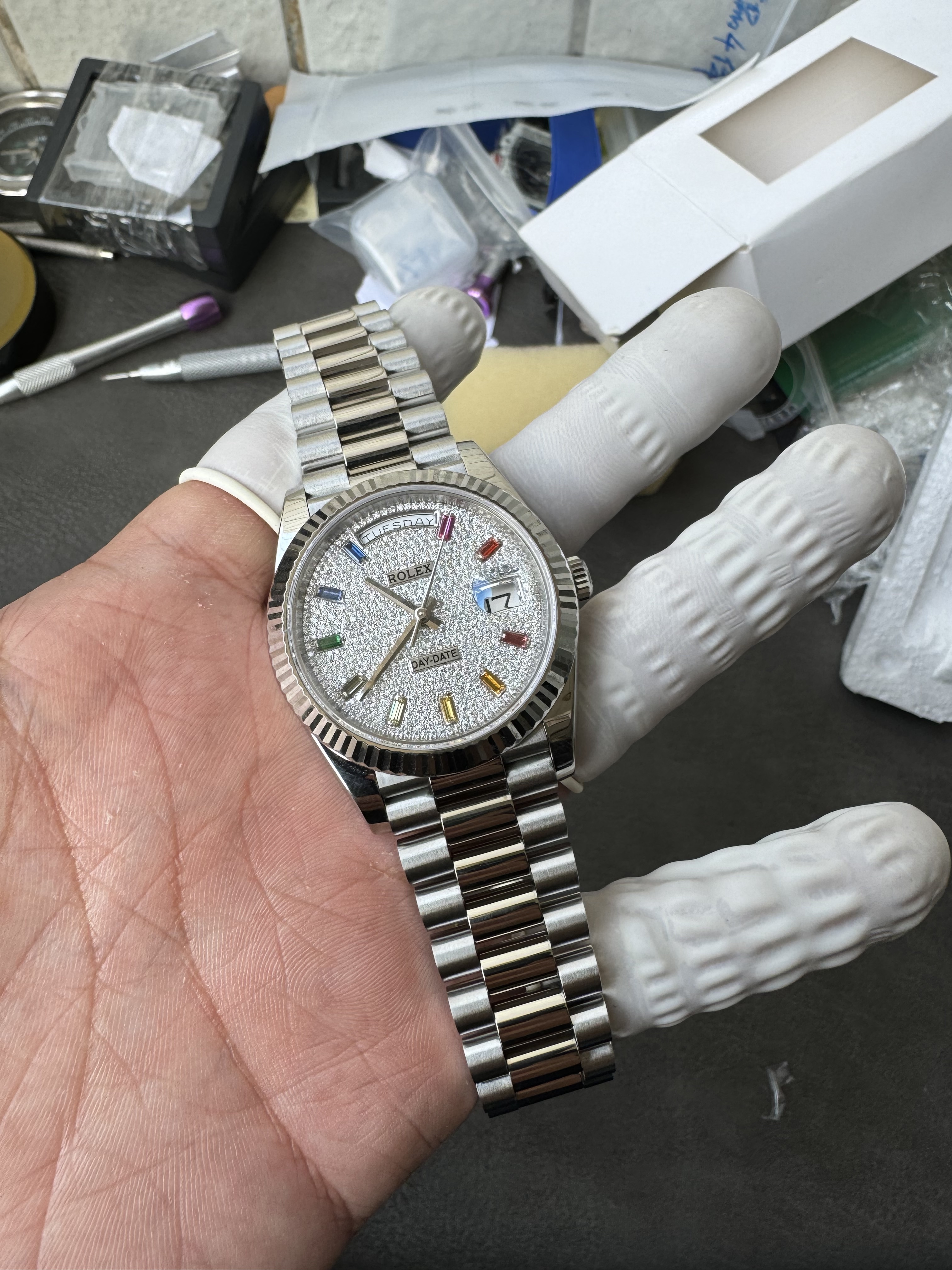 Super Clone Rolex 1:1 Day-Date 228239 Rainbow Markers Full Diamond Pave Dial Watch