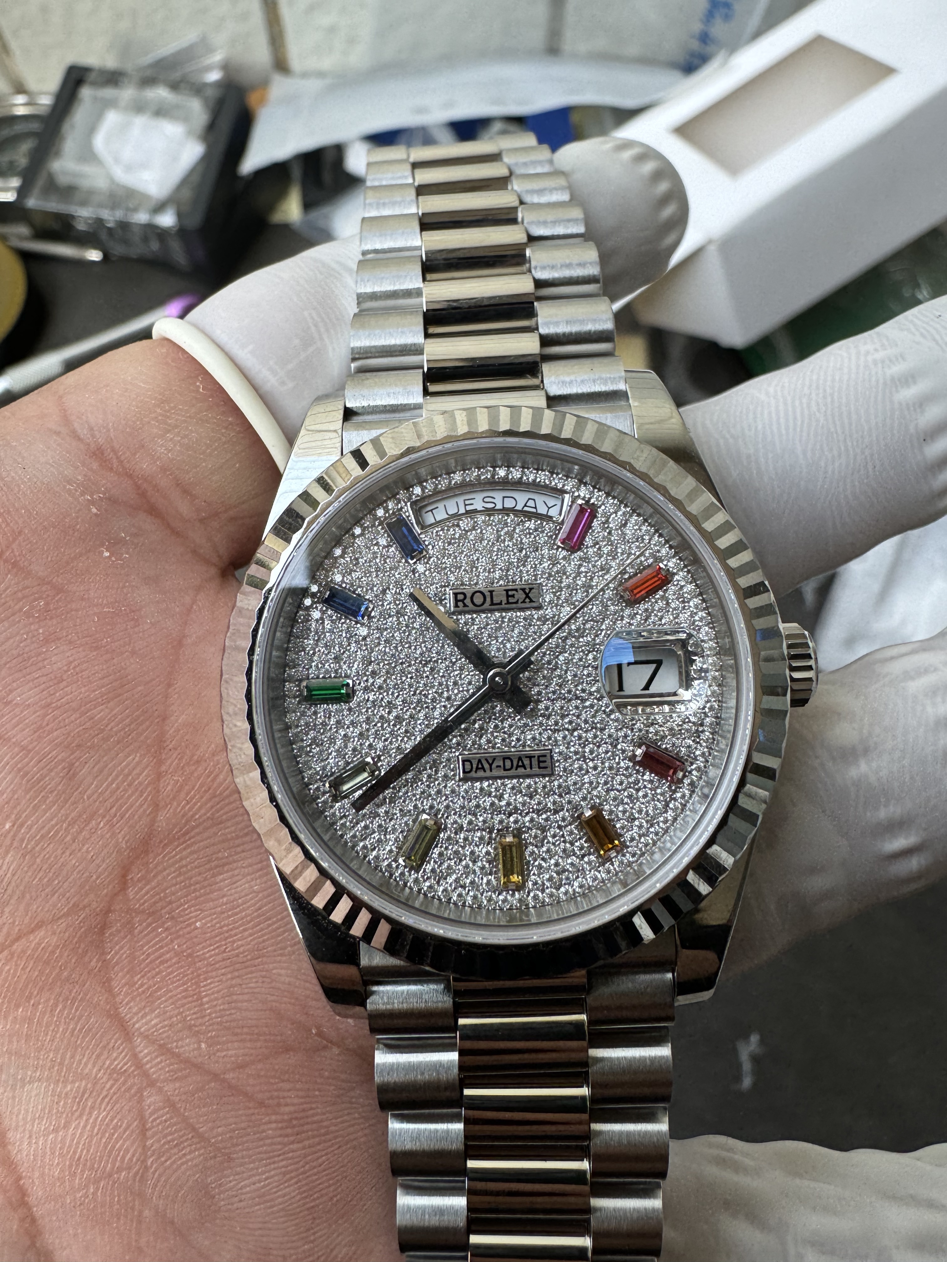 Super Clone Rolex 1:1 Day-Date 228239 Rainbow Markers Full Diamond Pave Dial Watch