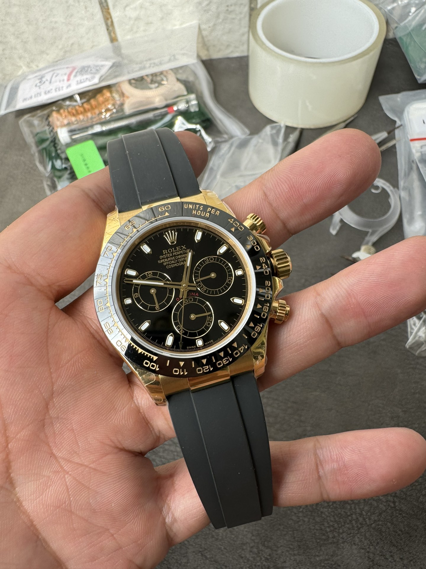 Super Clone Rolex 1:1 Daytona 116518LN Black Dial Gold Case Oysterflex | 4130 Movement
