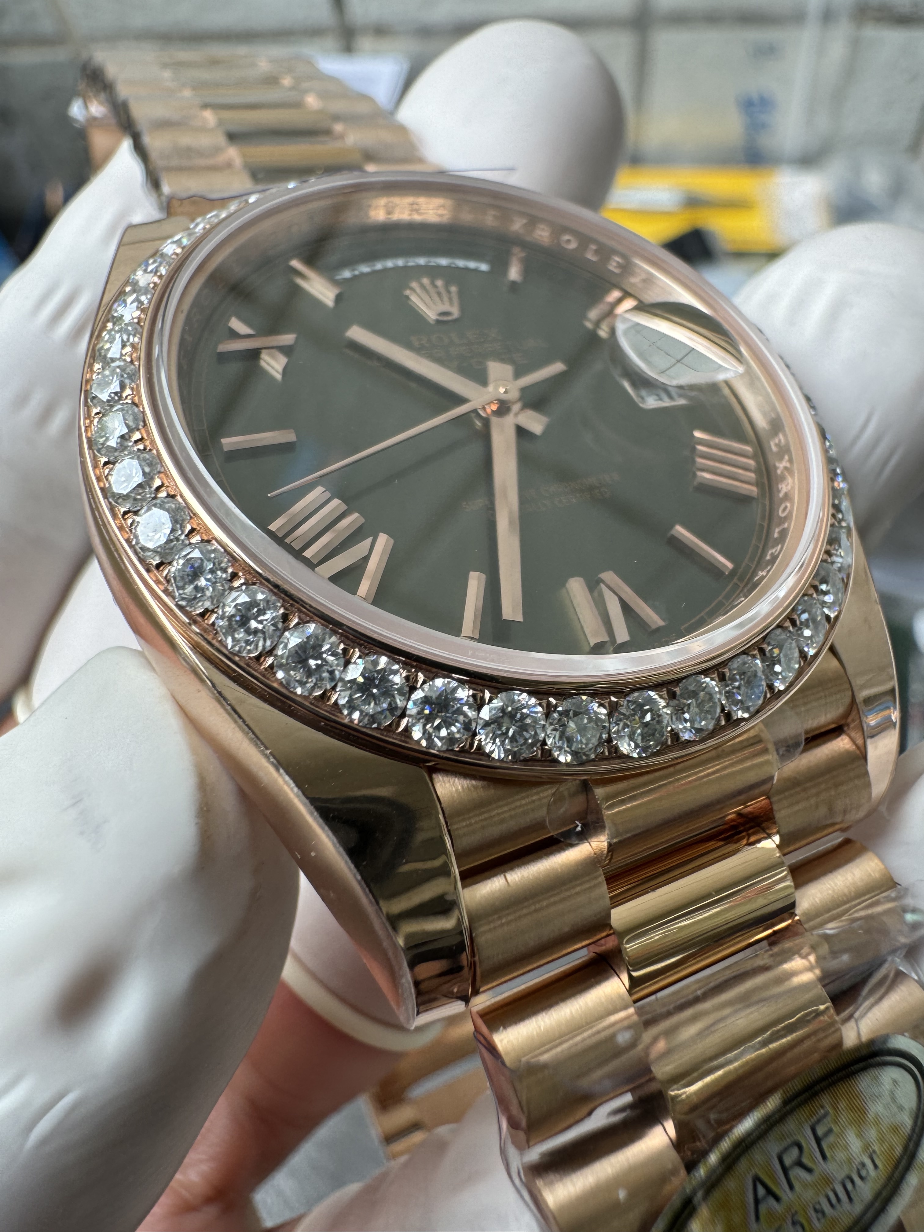 Super Clone Rolex 1:1 Day-Date 228235 Olive Green Dial Diamond Bezel President