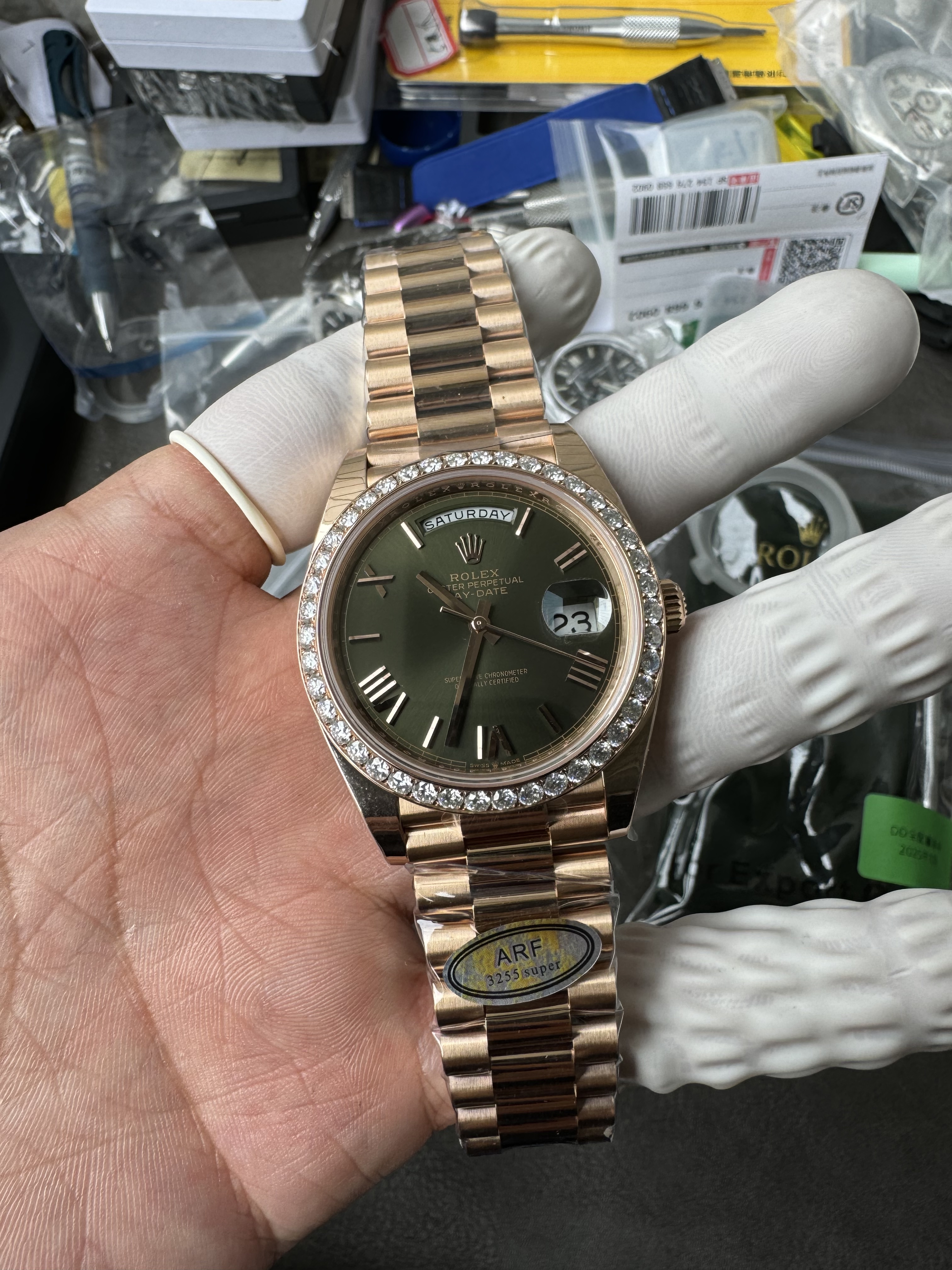 Super Clone Rolex 1:1 Day-Date 228235 Olive Green Dial Diamond Bezel President