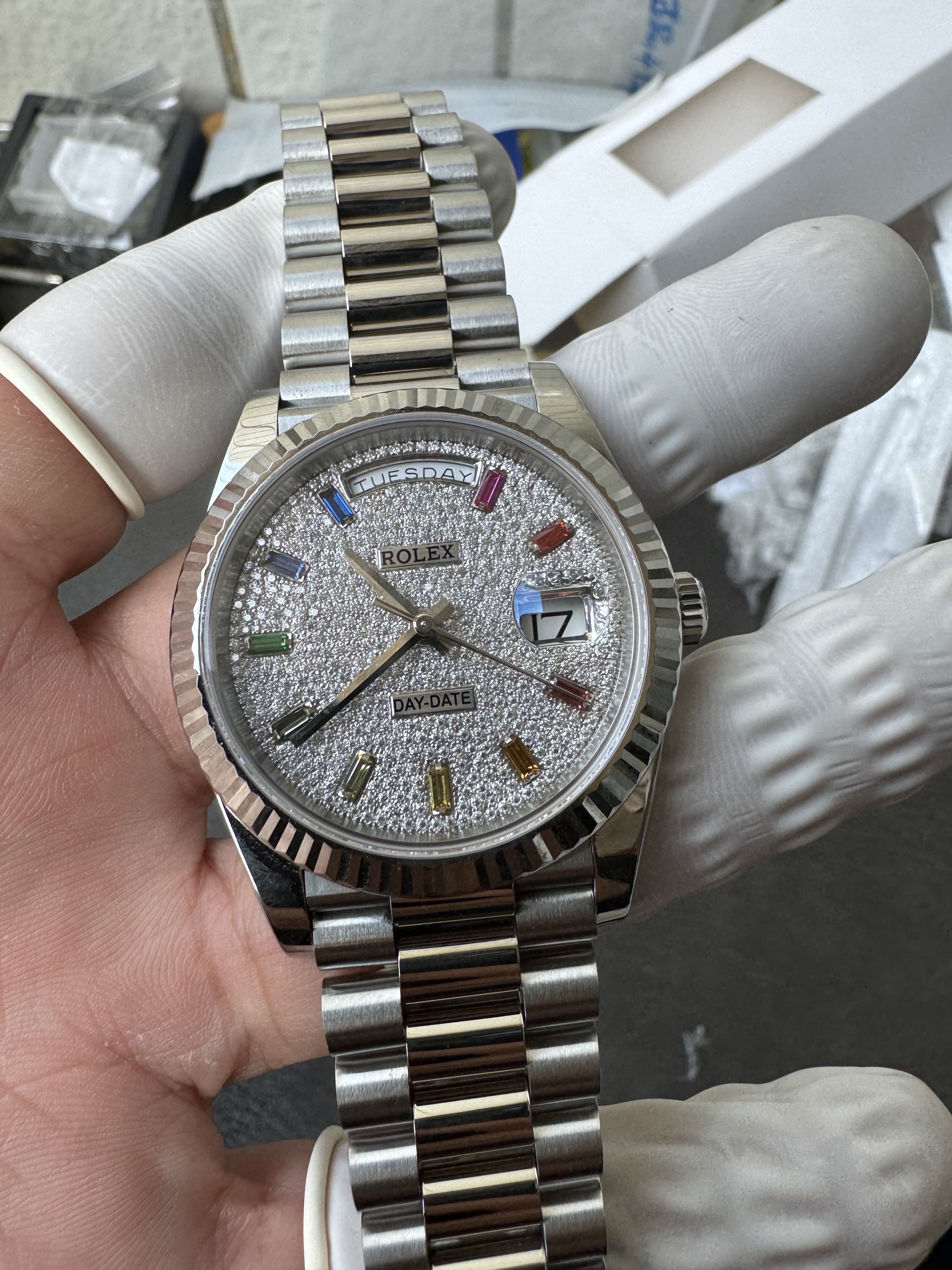 Super Clone Rolex 1:1 Day-Date 228239 Rainbow Markers Full Diamond Pave Dial Watch