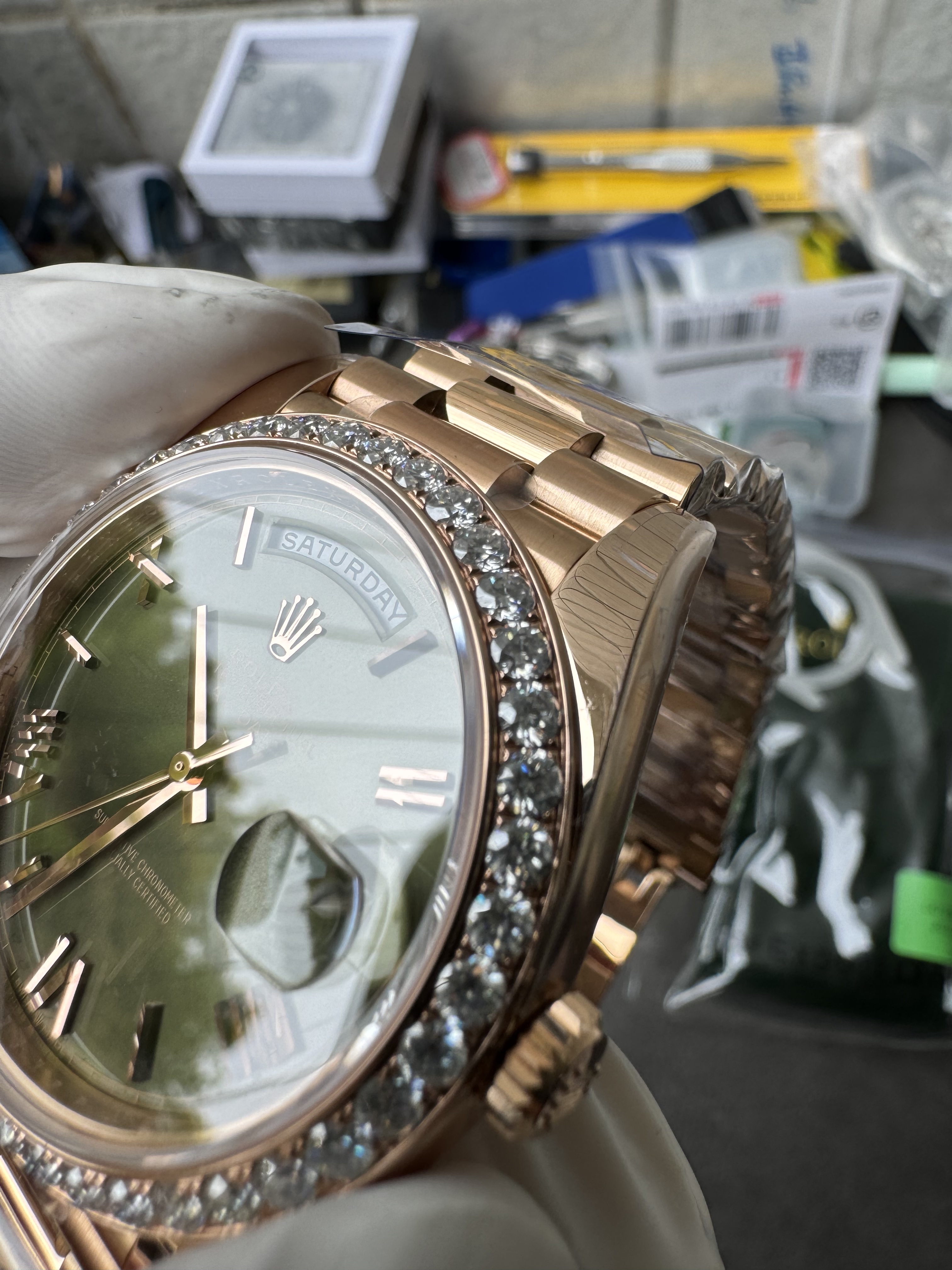 Super Clone Rolex 1:1 Day-Date 228235 Olive Green Dial Diamond Bezel President