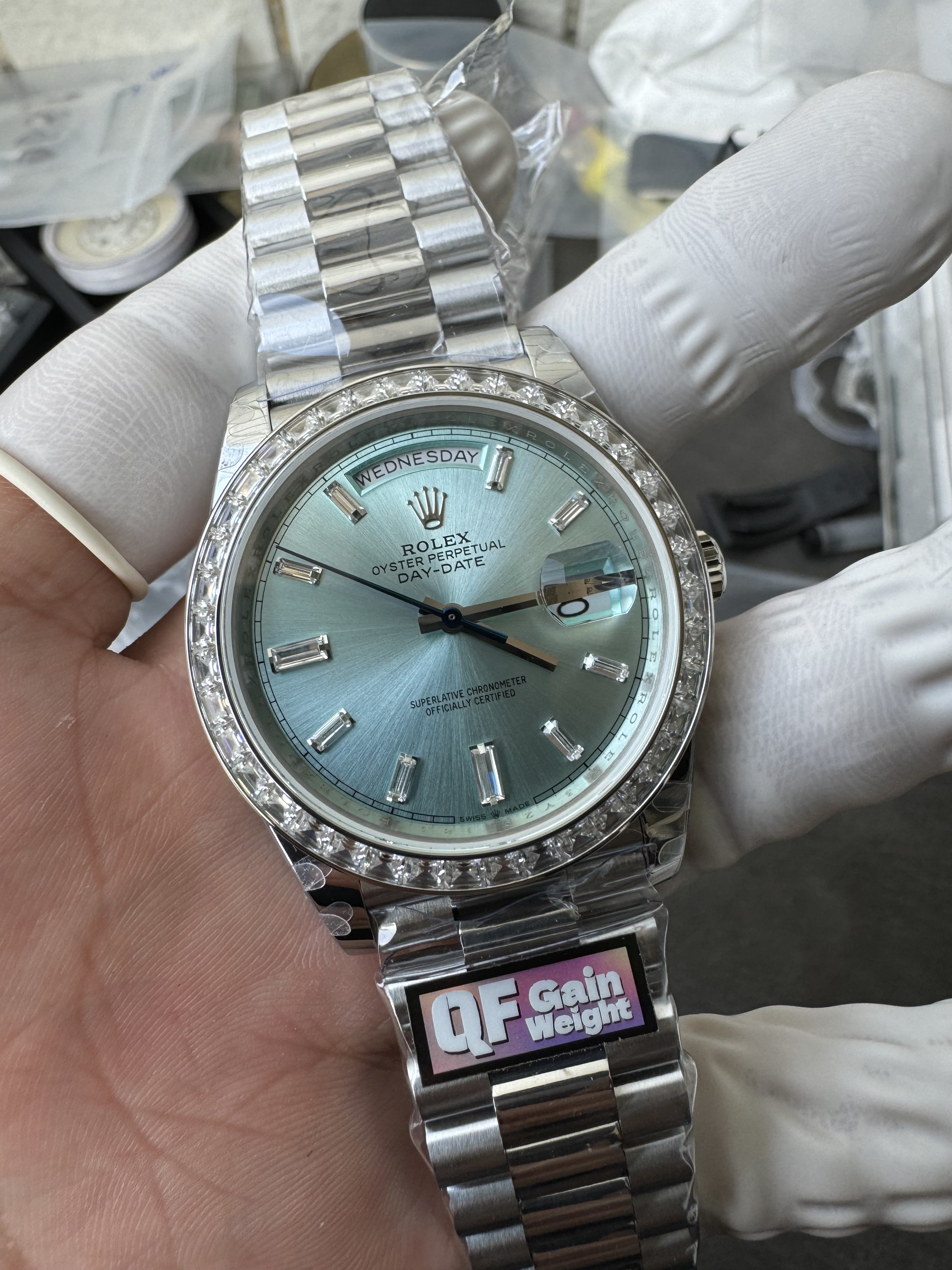 Super Clone Rolex 1:1 Day-Date 228206 Ice Blue Platinum Diamond Bezel Watch