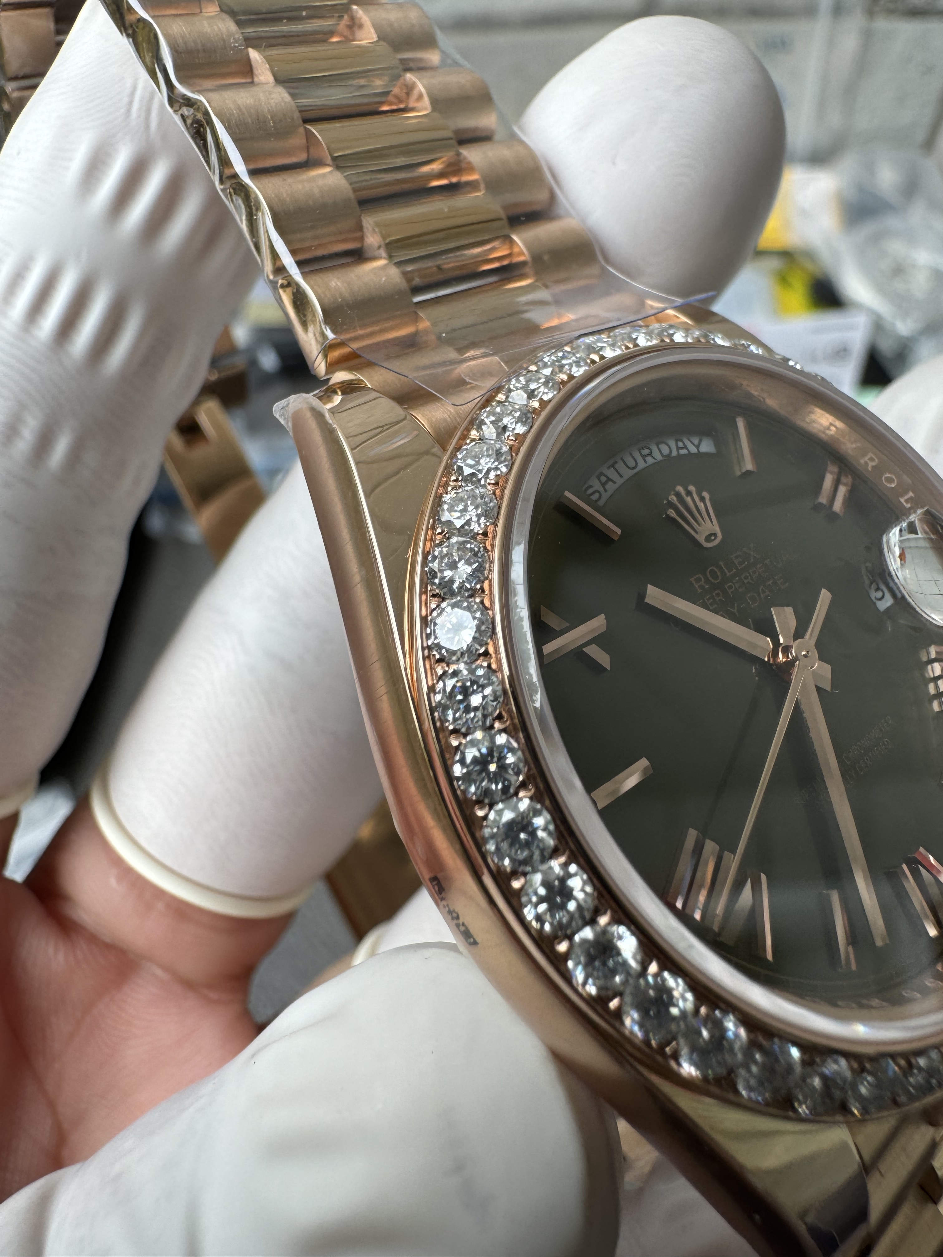 Super Clone Rolex 1:1 Day-Date 228235 Olive Green Dial Diamond Bezel President