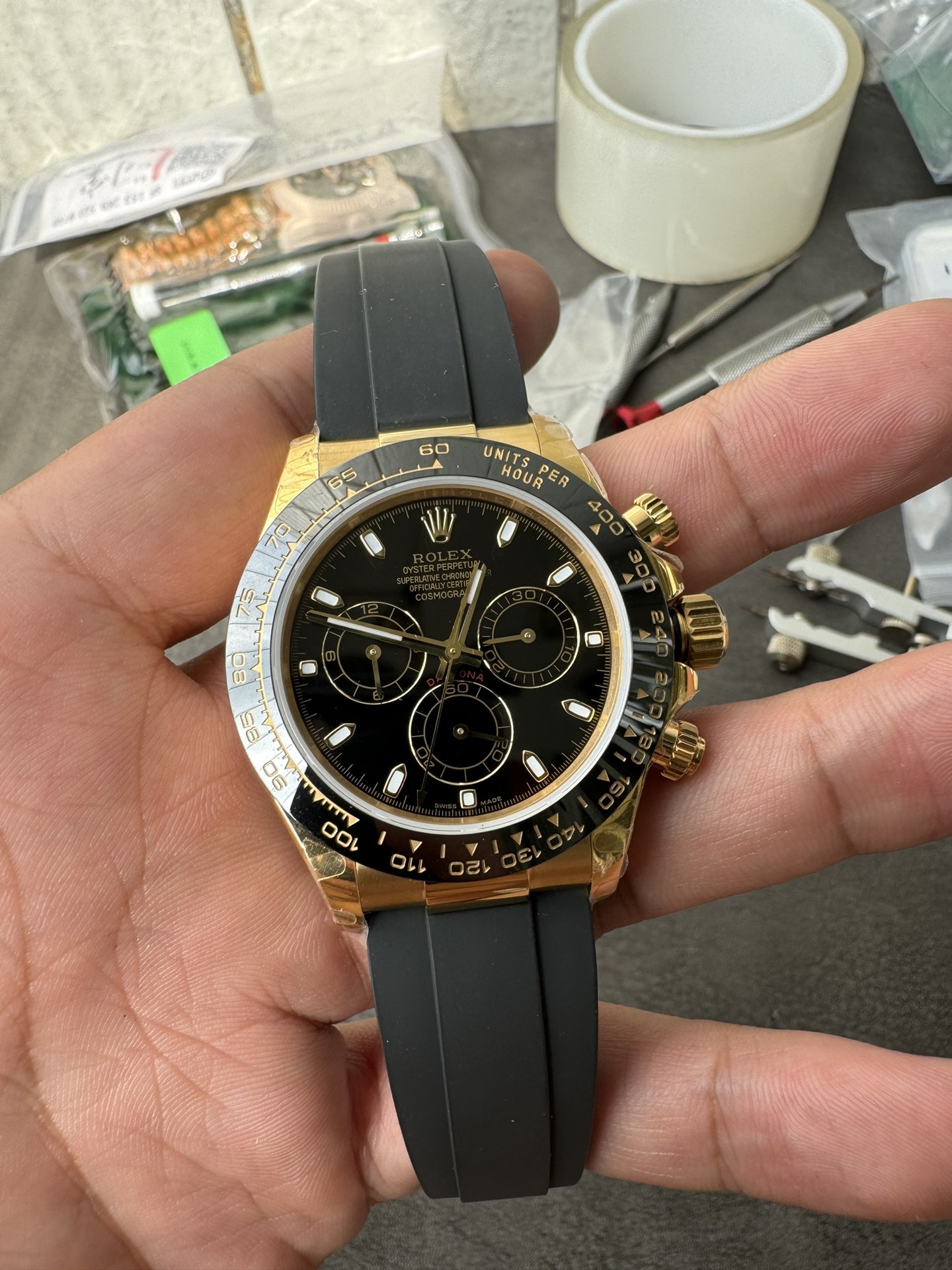 Super Clone Rolex 1:1 Daytona 116518LN Black Dial Gold Case Oysterflex | 4130 Movement