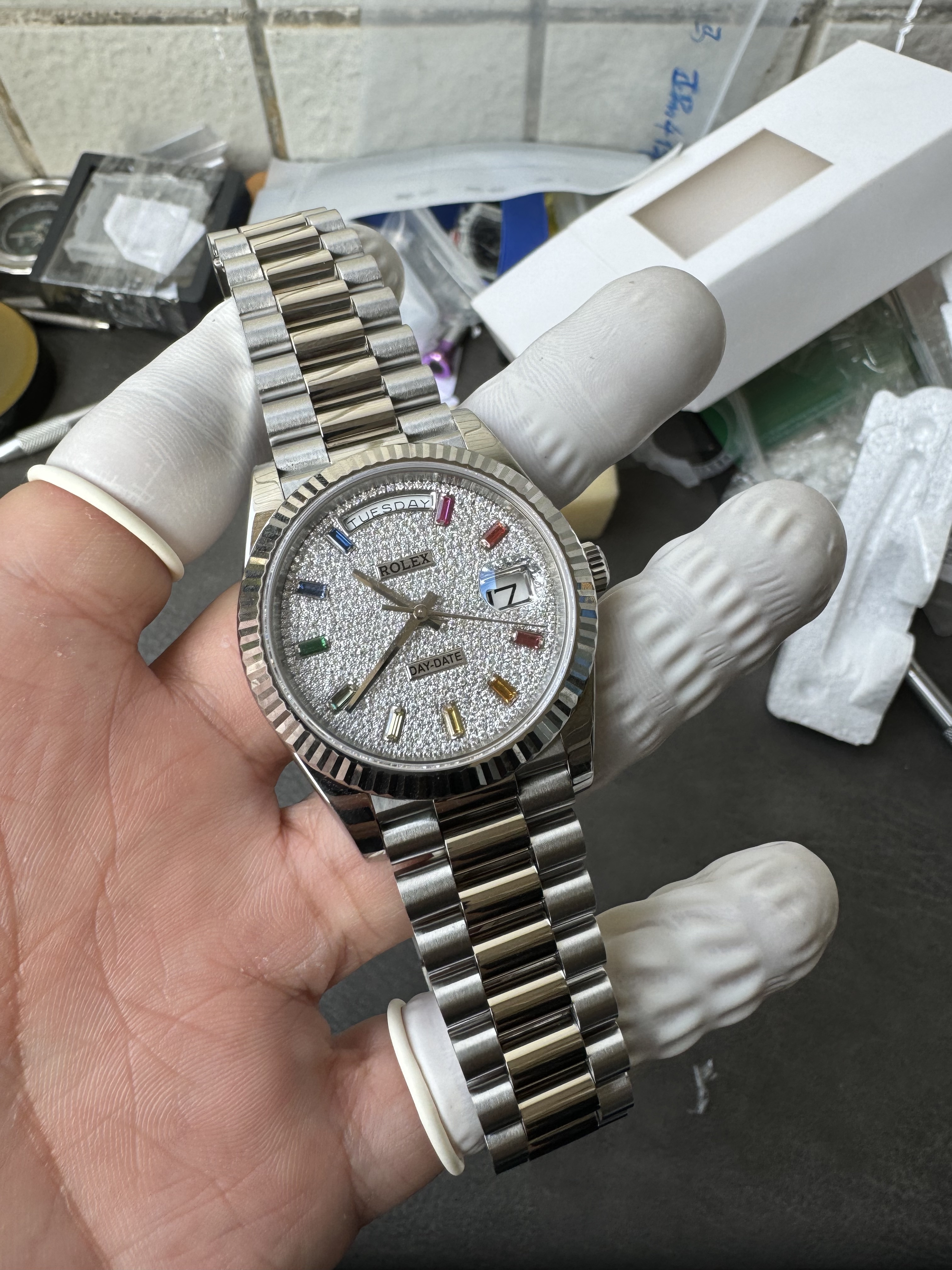 Super Clone Rolex 1:1 Day-Date 228239 Rainbow Markers Full Diamond Pave Dial Watch