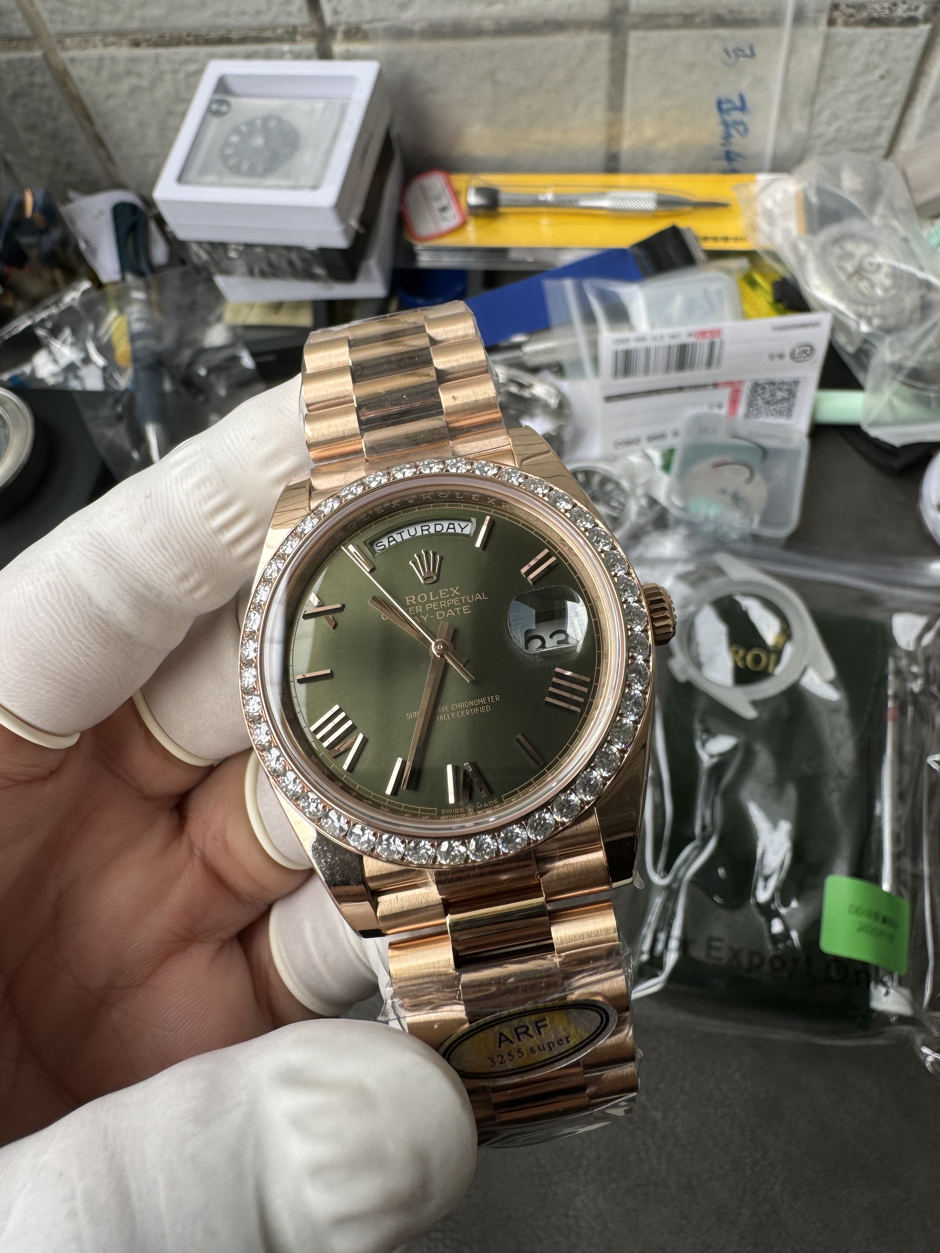 Super Clone Rolex 1:1 Day-Date 228235 Olive Green Dial Diamond Bezel President