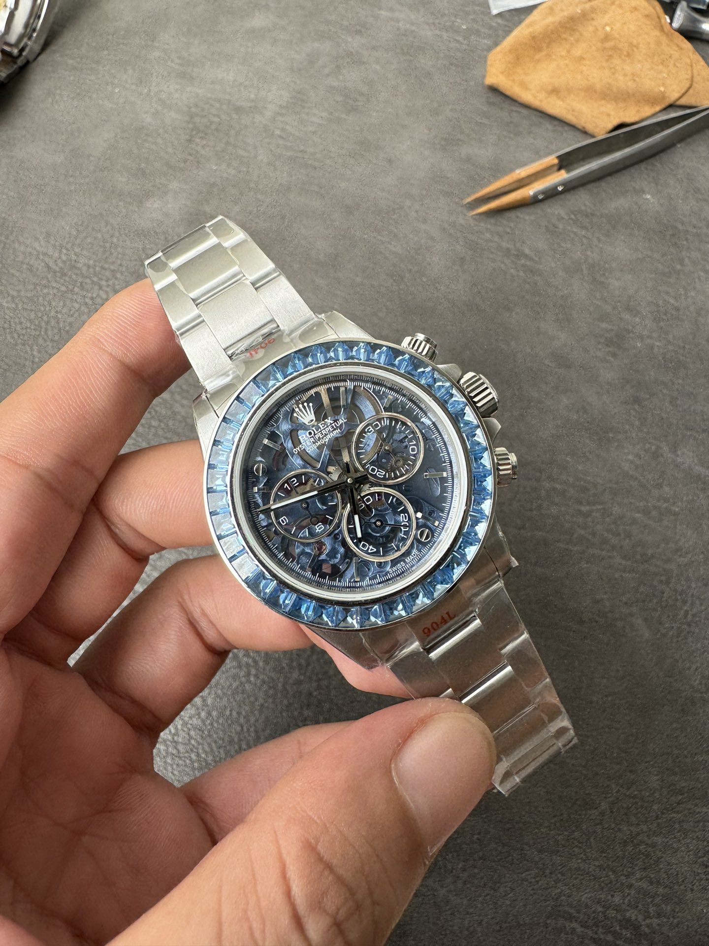 Super Clone Rolex 1:1 Daytona Skeleton Mod by Sonic | Blue Sapphire Bezel | 904L Steel | 4130 Movement