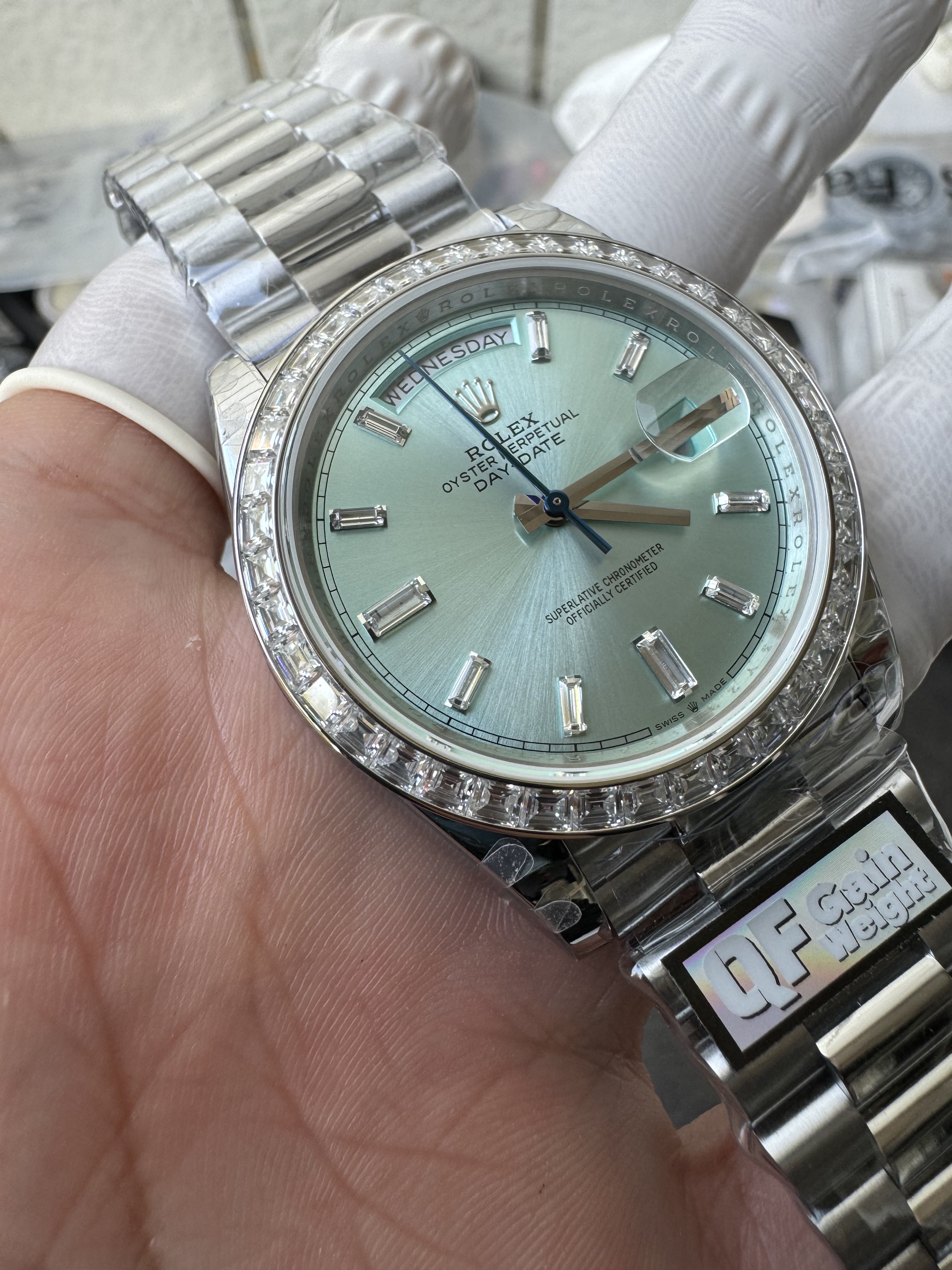 Super Clone Rolex 1:1 Day-Date 228206 Ice Blue Platinum Diamond Bezel Watch