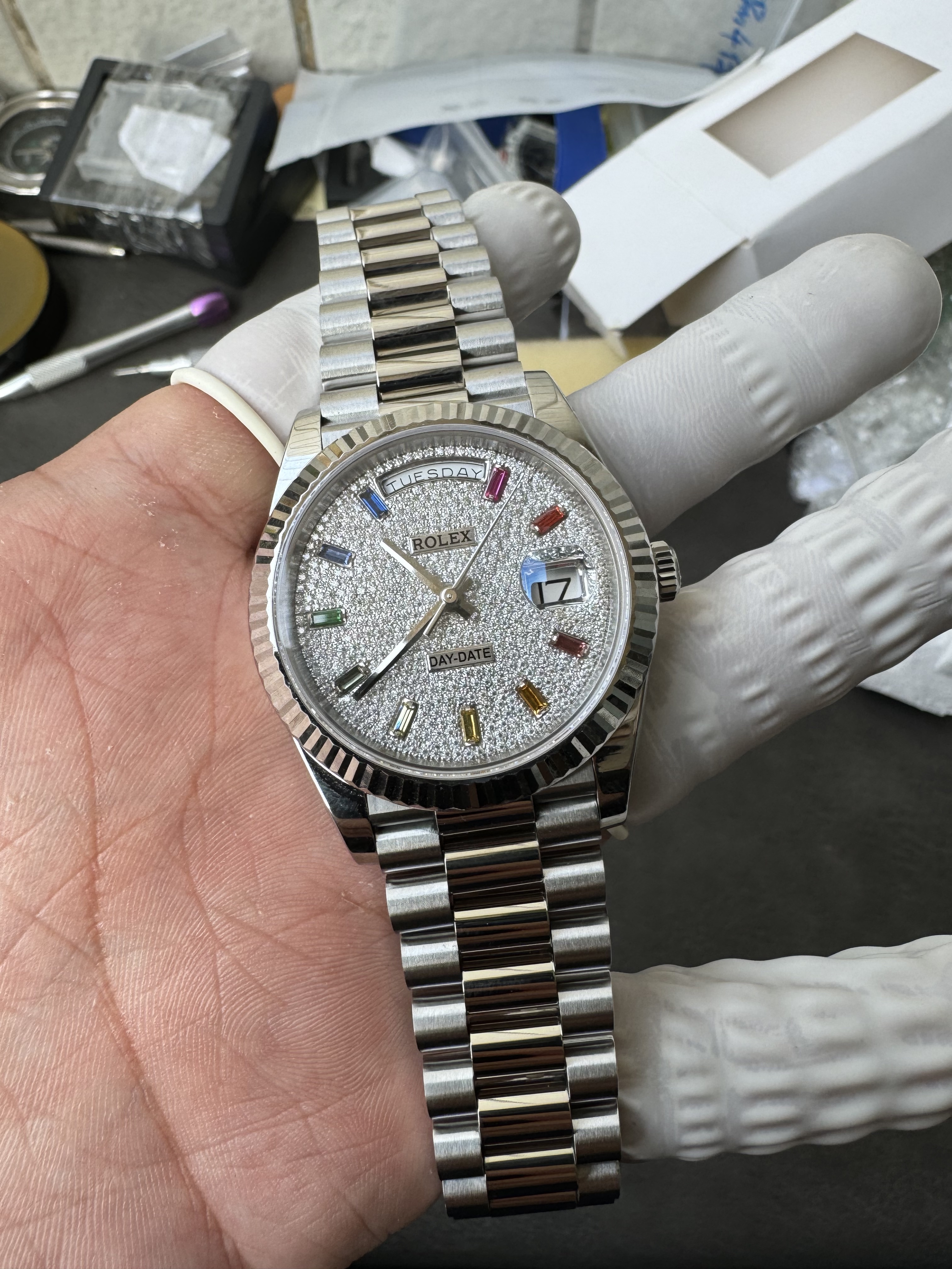 Super Clone Rolex 1:1 Day-Date 228239 Rainbow Markers Full Diamond Pave Dial Watch