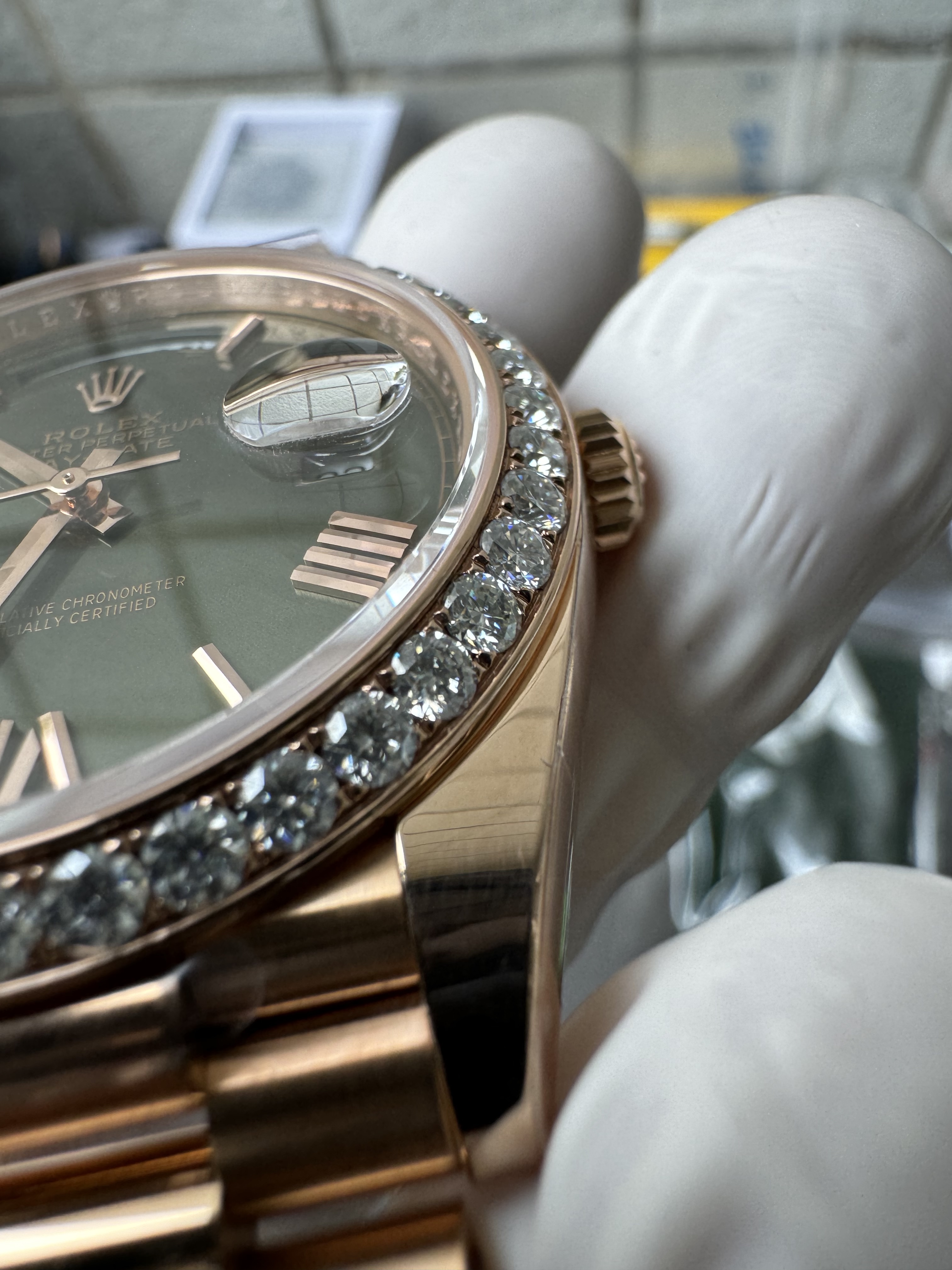 Super Clone Rolex 1:1 Day-Date 228235 Olive Green Dial Diamond Bezel President