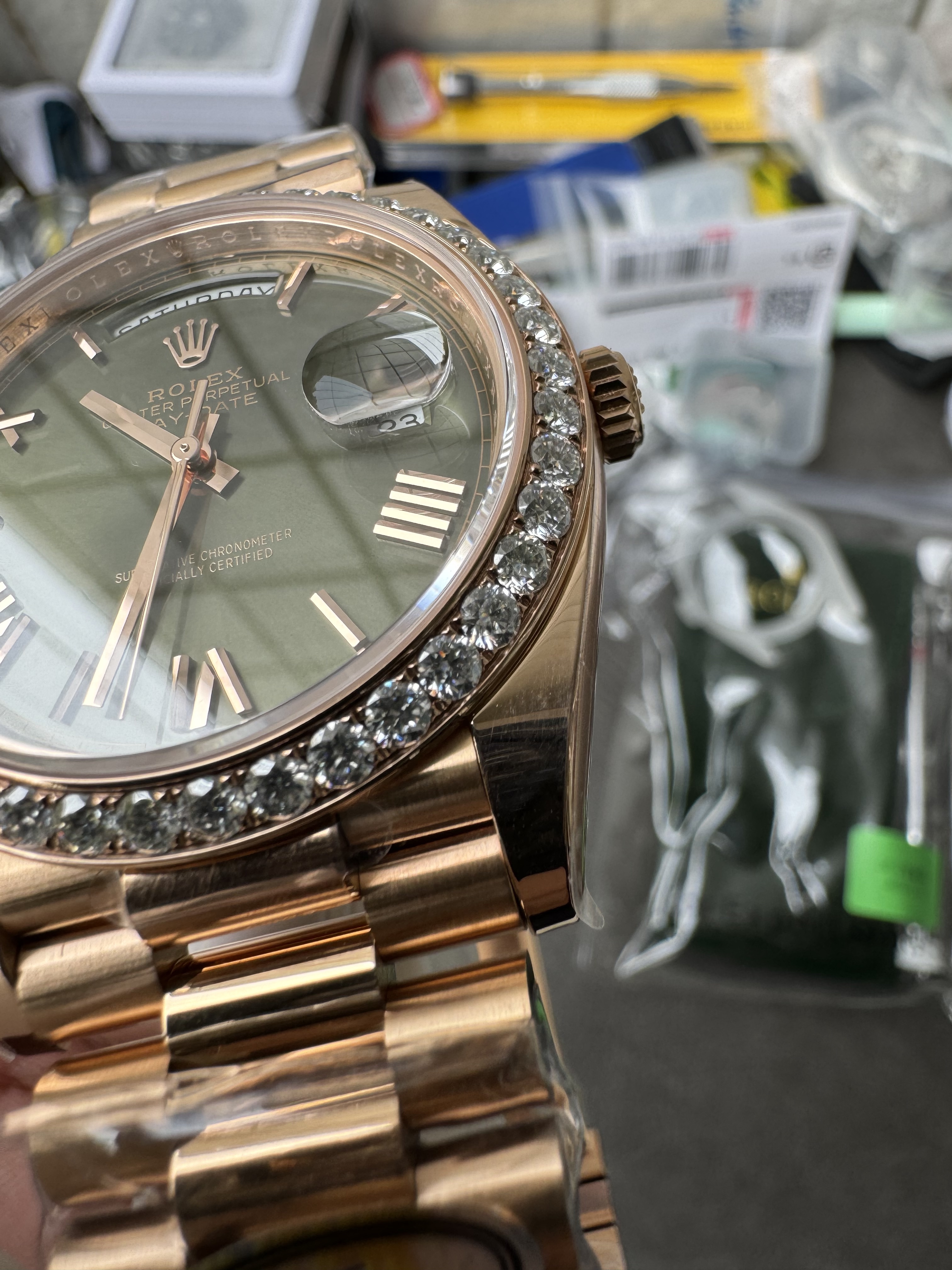 Super Clone Rolex 1:1 Day-Date 228235 Olive Green Dial Diamond Bezel President