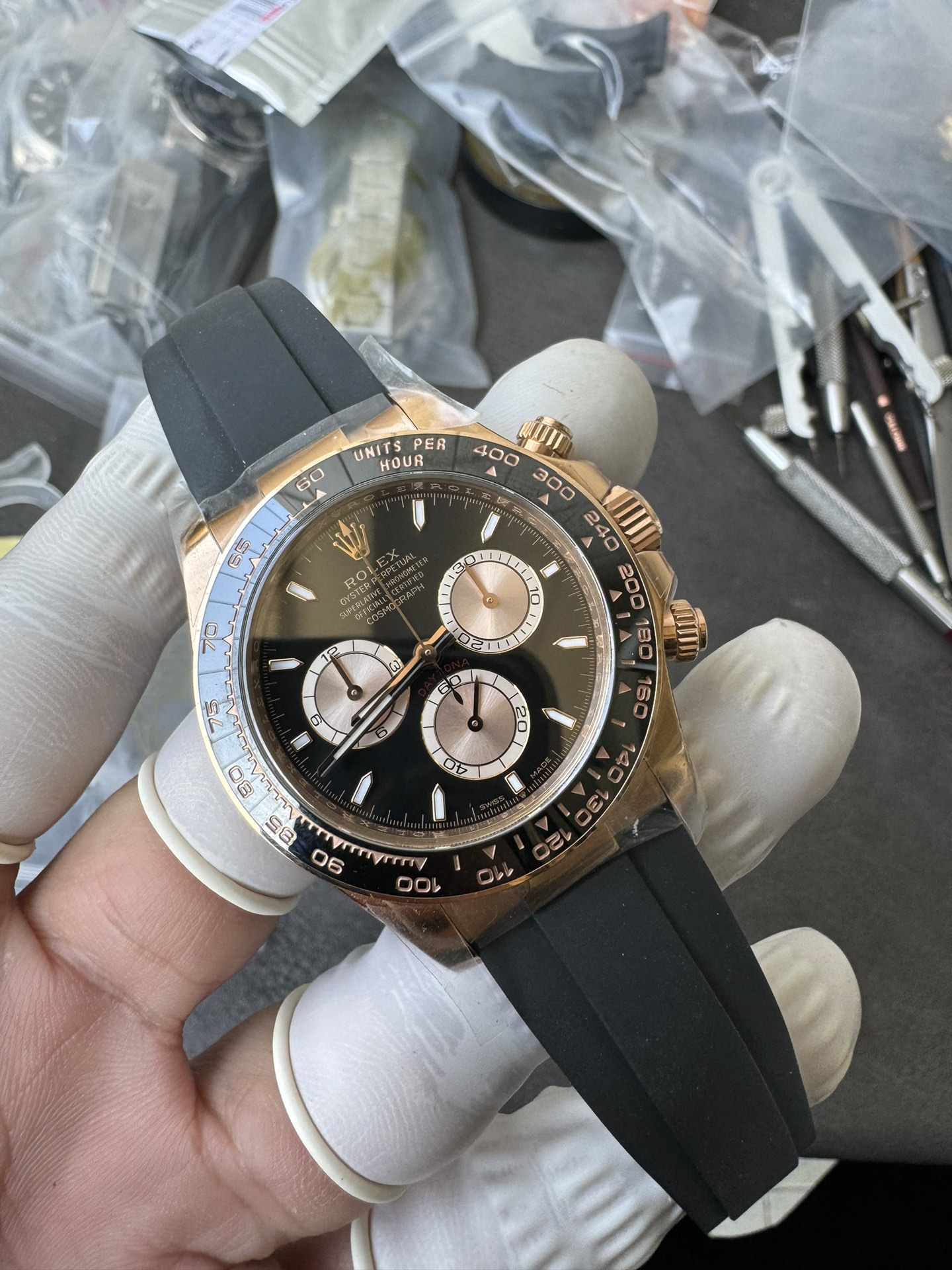 Super Clone Rolex 1:1 Daytona 116515LN Everose Gold Black Dial Ceramic Bezel on Oysterflex 4131 Movement
